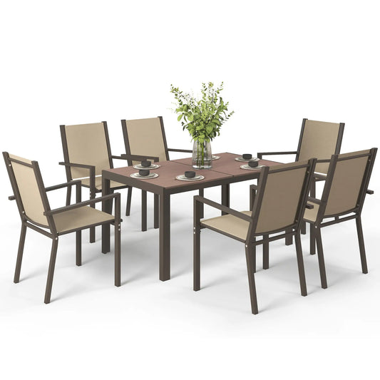 7-Piece Outdoor Dining Set With Rectangular Table & 6 Stackable Chairs Outdoor Dining Sets Khaki, Brown at Gallery Canada