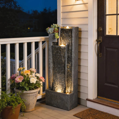 3-Tier Outdoor Water Fountain With LED Lights, Planter, Pump, Dark Grey Water Fountains at Gallery Canada