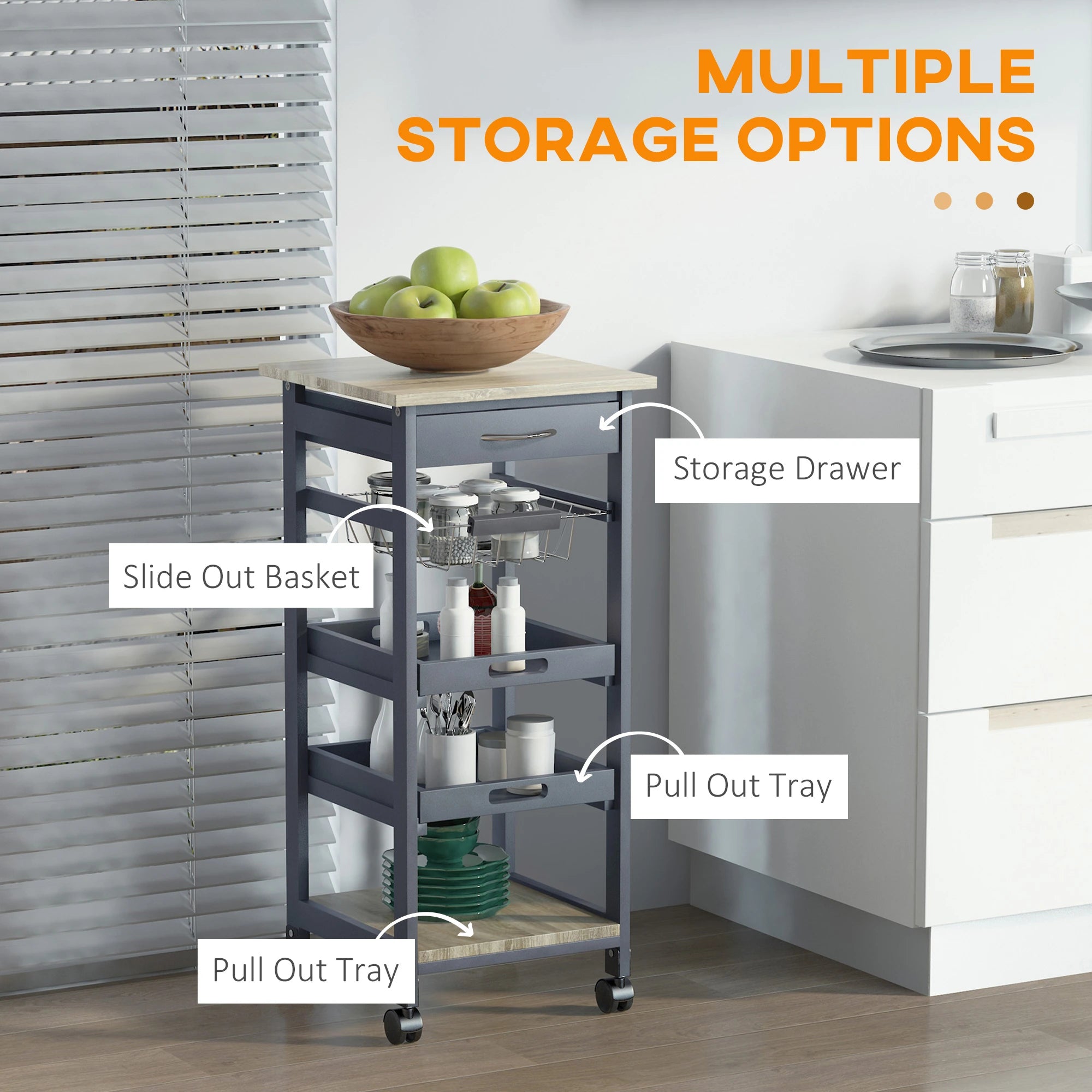 Rolling Kitchen Island Cart, Mobile Storage with Drawer, Wire Basket, Grey Kitchen Islands & Kitchen Carts at Gallery Canada