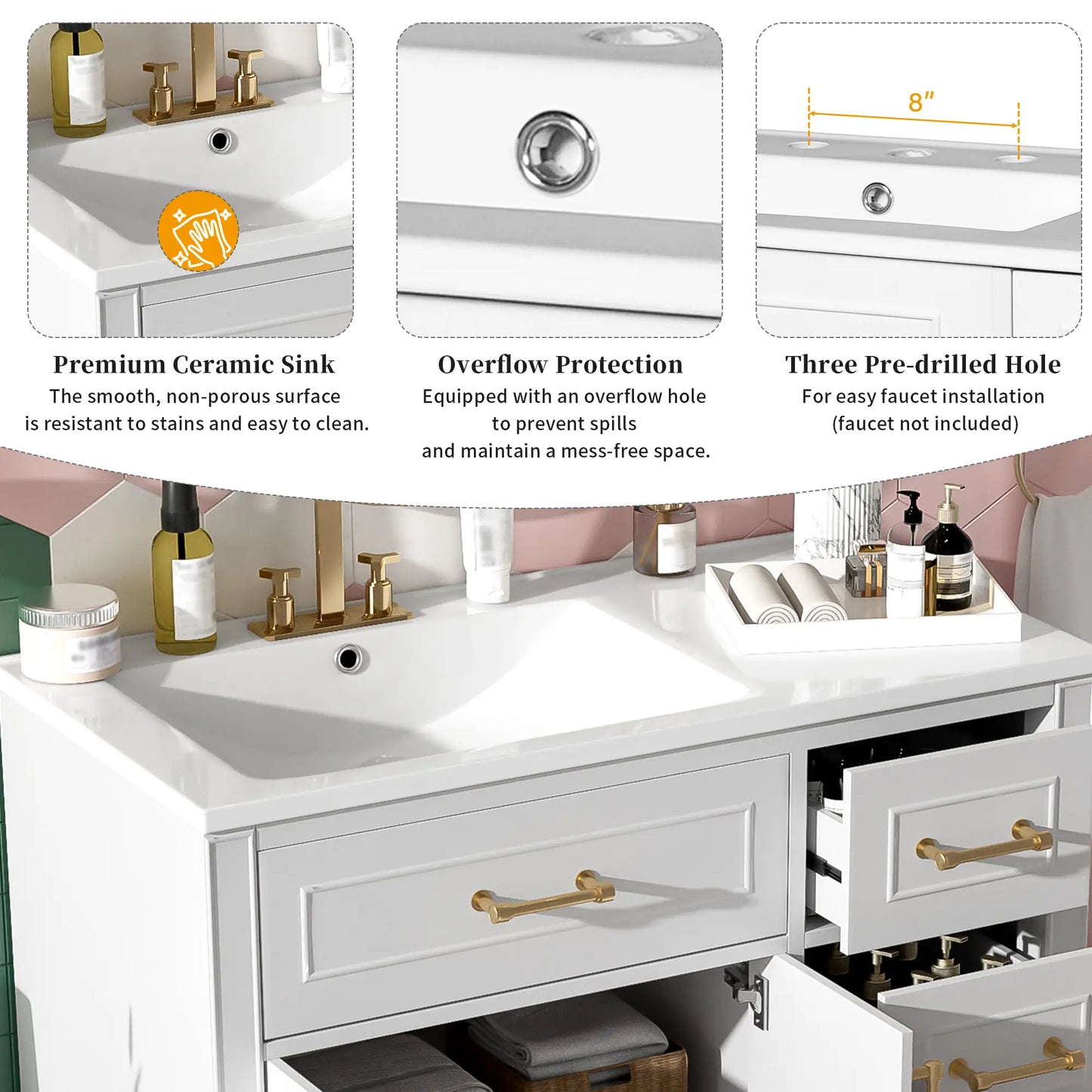 Bathroom Vanity, Ceramic Sink, Soft-Close Doors, 36" L x 18.5" W x 34" H, White Sink Cabinets at Gallery Canada