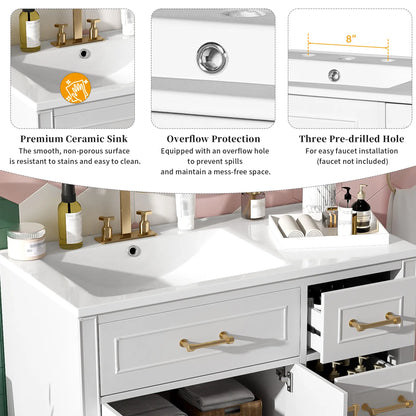 Bathroom Vanity, Ceramic Sink, Soft-Close Doors, 36" L x 18.5" W x 34" H, White Sink Cabinets at Gallery Canada