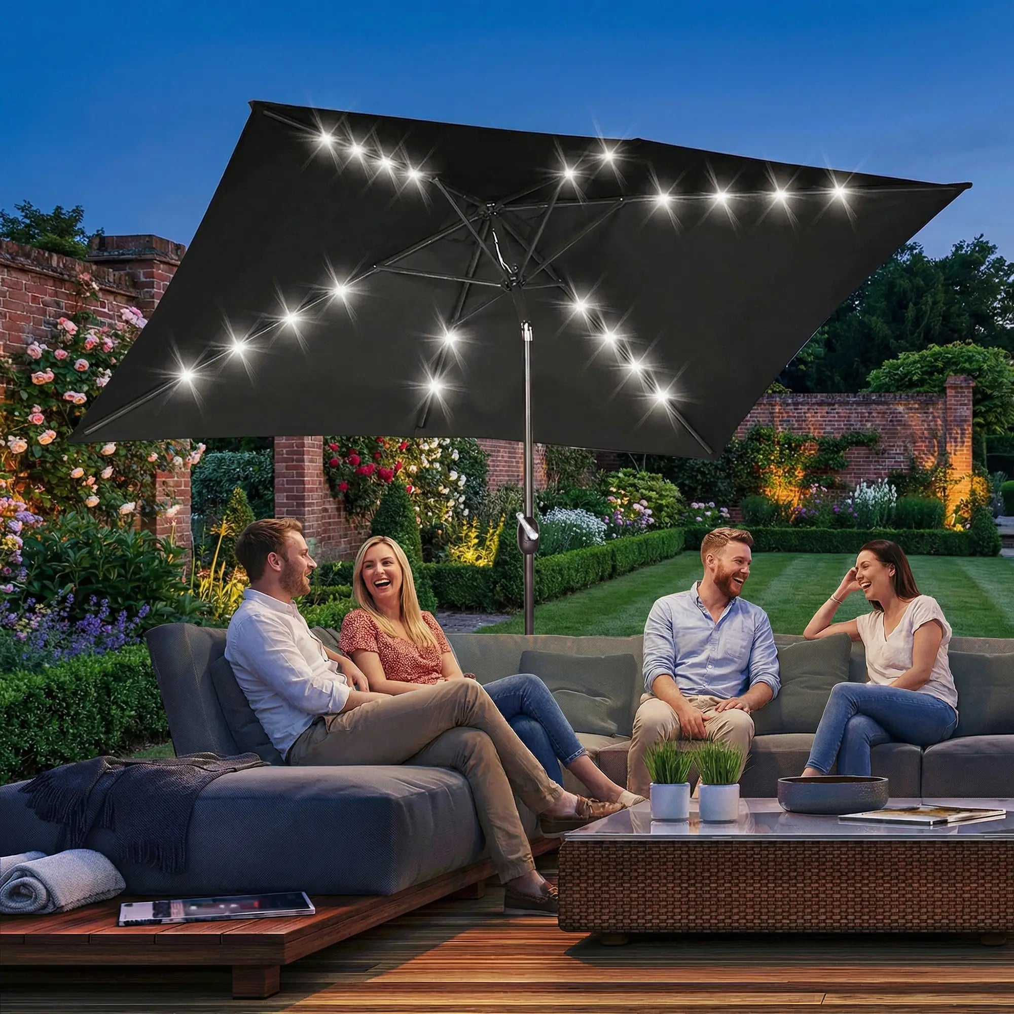 6.5x10ft Rectangle Tilt Patio Umbrella With LEDs, Black Sun Umbrellas at Gallery Canada