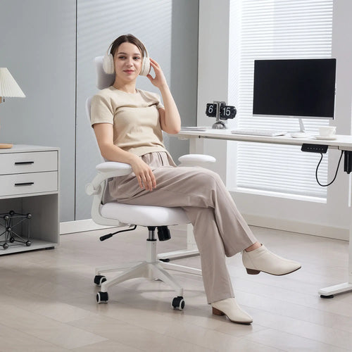 Mesh Office Chair, Adjustable Headrest, 4D Lumbar Support, Flip-Up Arms, White