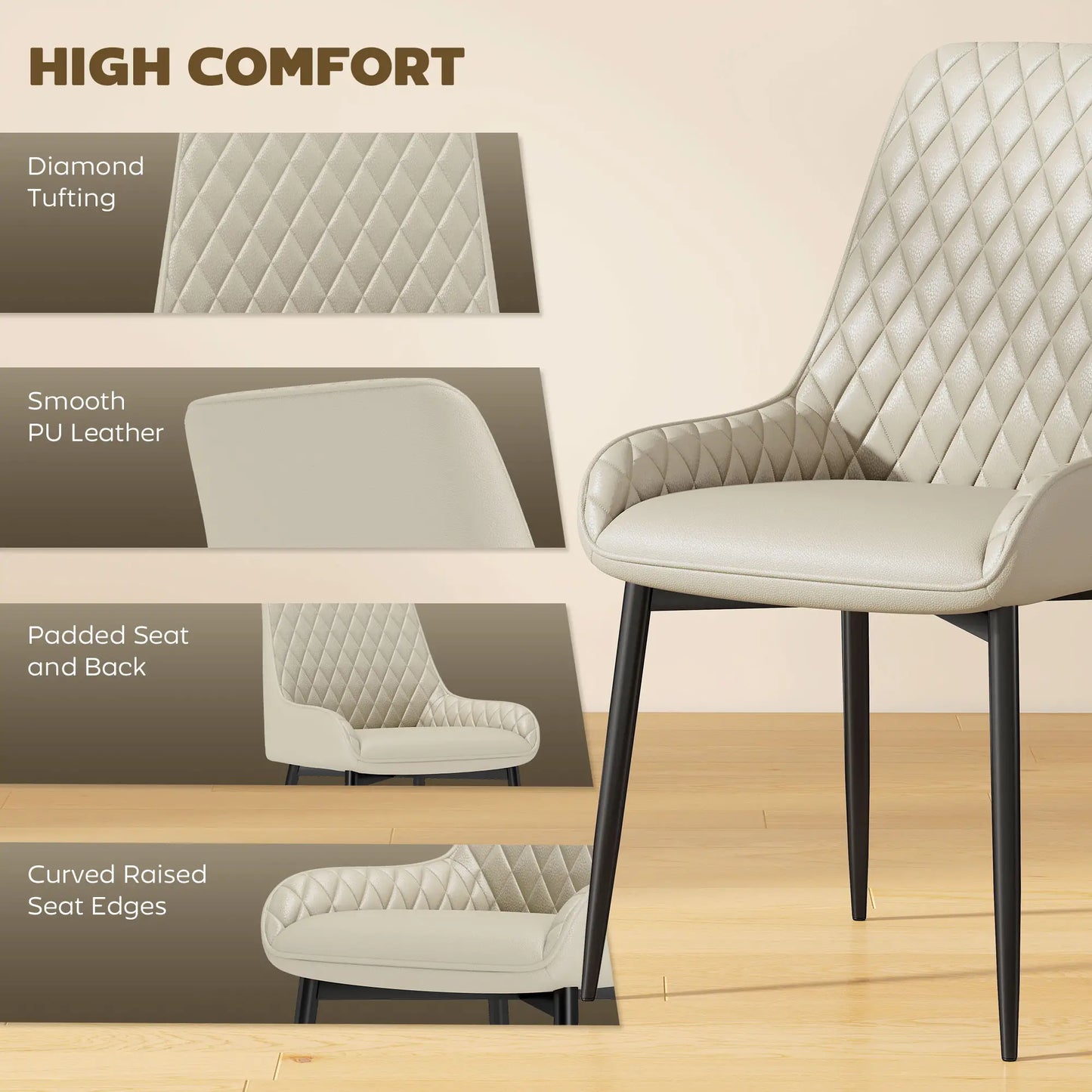 Upholstered Kitchen Chairs Set of 4, Diamond Tufting, Steel Legs, Khaki Dining Chairs at Gallery Canada