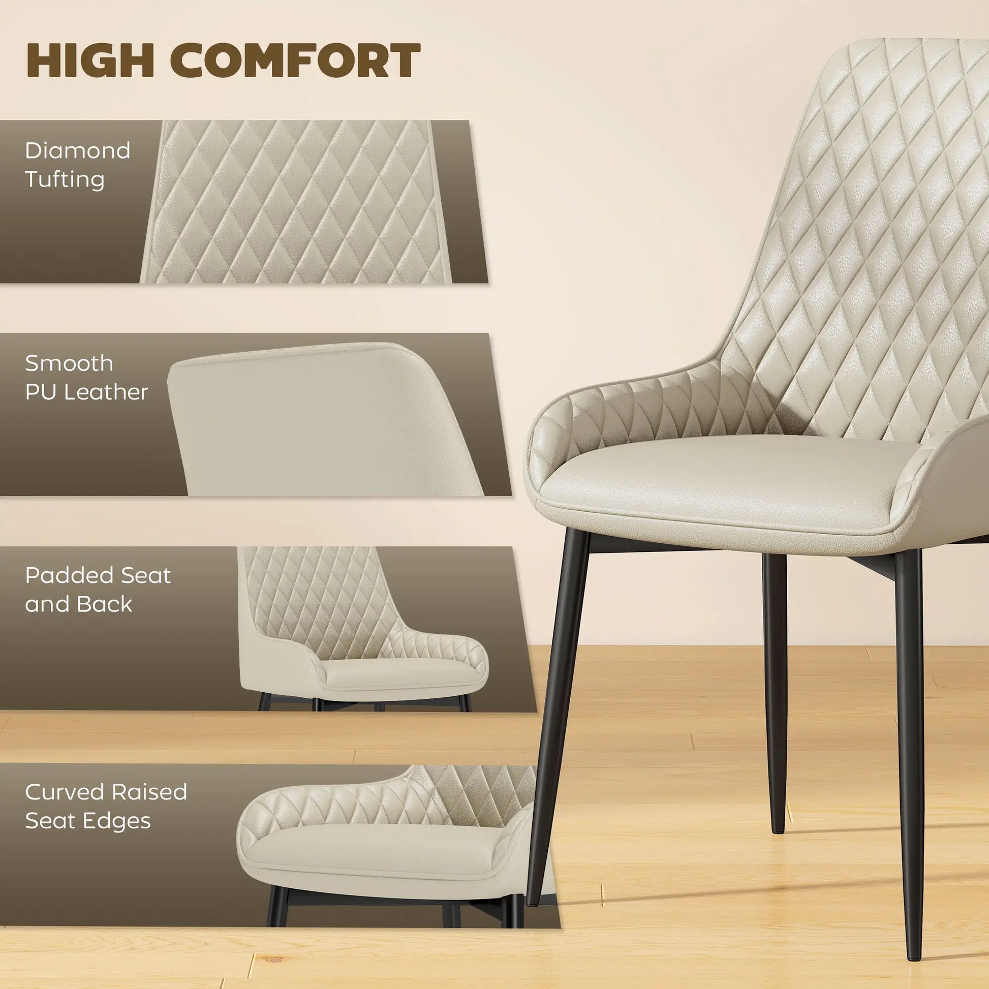 Upholstered Kitchen Chairs Set of 4, Diamond Tufting, Steel Legs, Khaki Dining Chairs at Gallery Canada