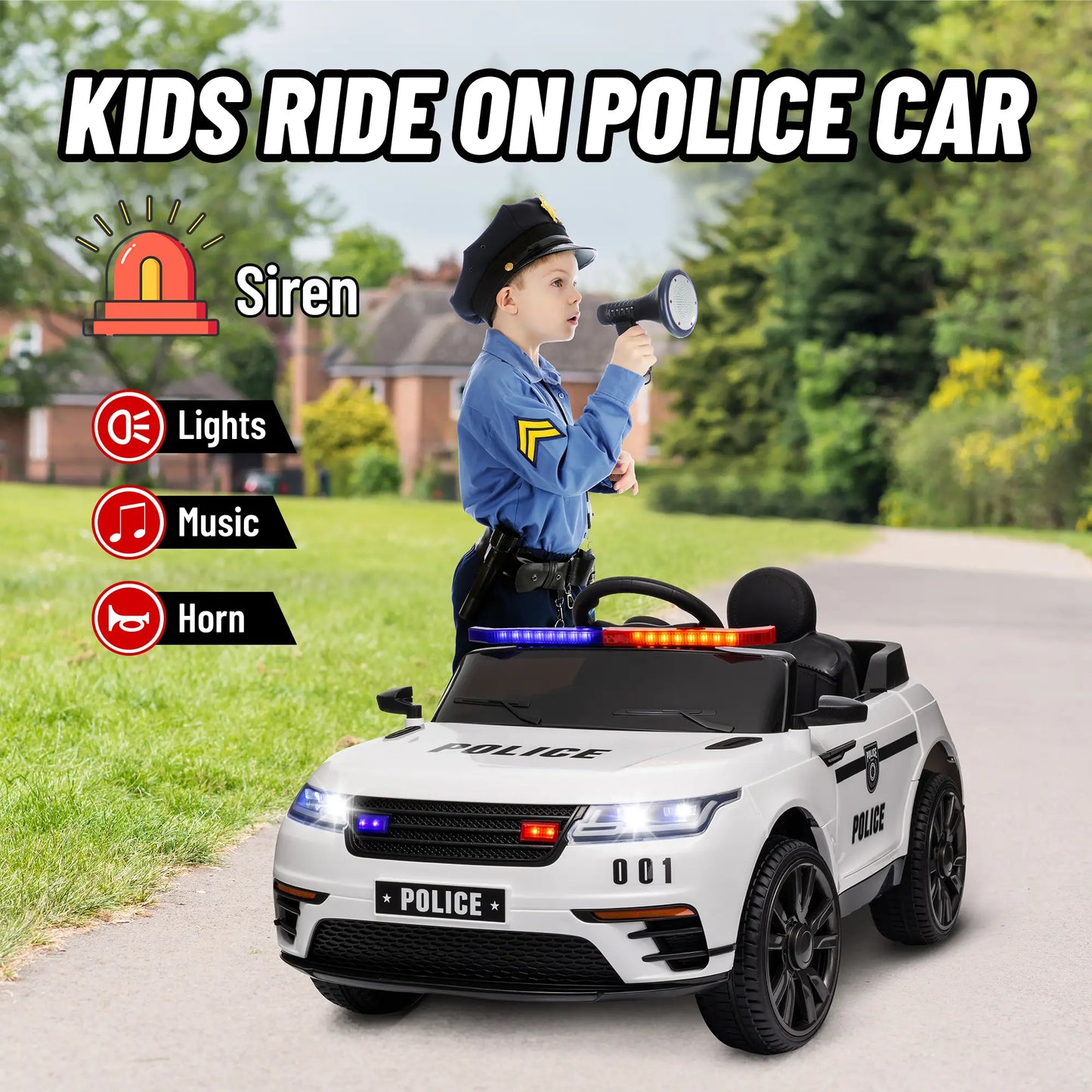 12V Kids Electric Police Car, Remote Control, White Electric Toy Cars at Gallery Canada