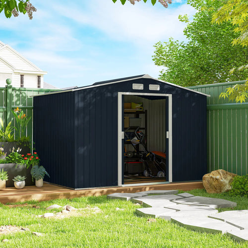 9.1'x6.4'x6.3' Garden Storage Shed, Foundation Kit, Metal Tool House, Double Doors, Dark Grey