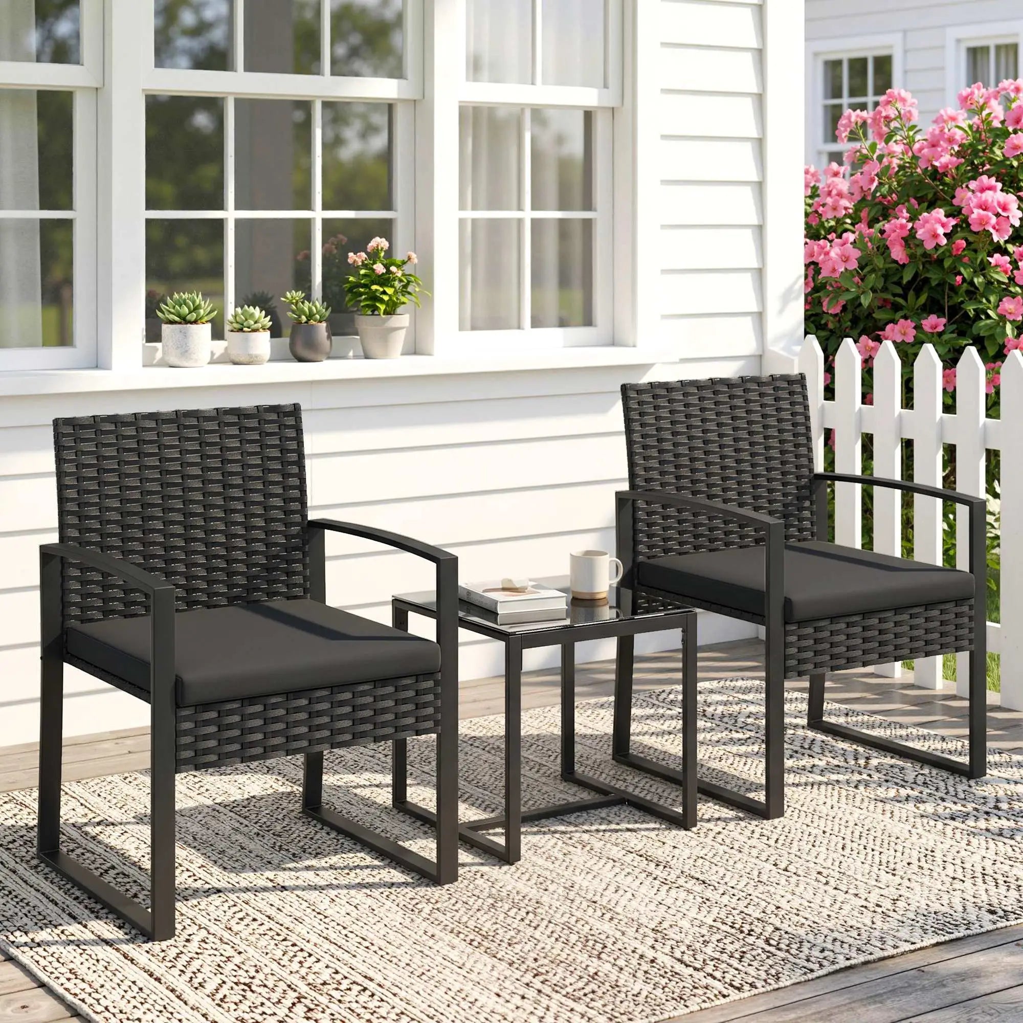 3 Piece Wicker Patio Set, Glass Top Table With Cushions, Black Bistro Sets at Gallery Canada