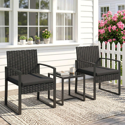 3 Piece Wicker Patio Set, Glass Top Table With Cushions, Black Bistro Sets at Gallery Canada