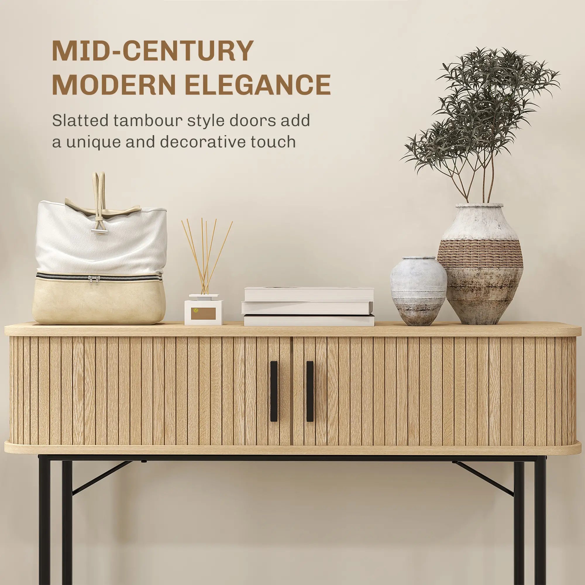 Mid-Century Narrow Console Table, Slatted Tambour Doors, Steel Legs, Oak, Black Console Tables at Gallery Canada