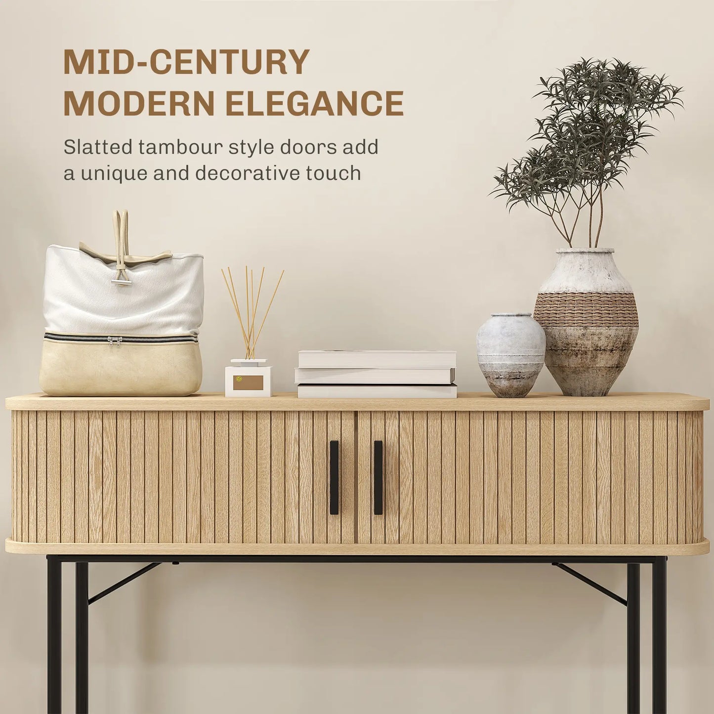 Mid-Century Narrow Console Table, Slatted Tambour Doors, Steel Legs, Oak, Black Console Tables at Gallery Canada