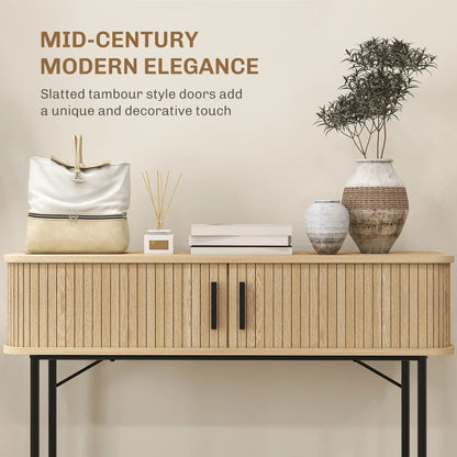 Mid-Century Narrow Console Table, Slatted Tambour Doors, Steel Legs, Oak, Black Console Tables at Gallery Canada