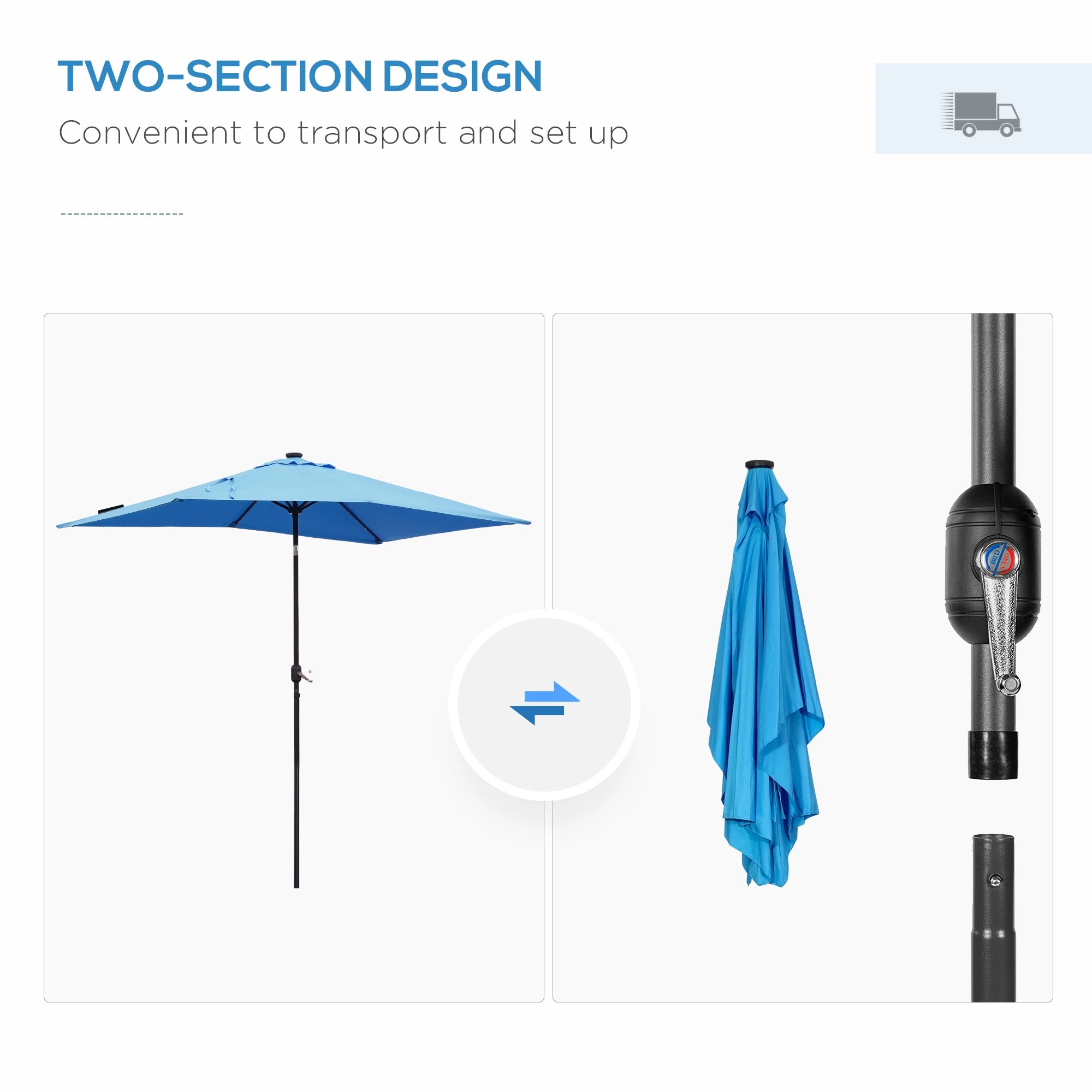 6' x 10' Rectangular Patio Umbrella, 22 LED Solar Lights, Tilt, Crank, Light Blue Sun Umbrellas at Gallery Canada