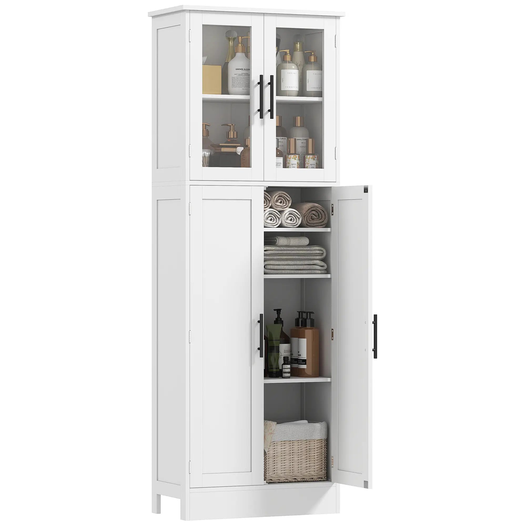 Tall Bathroom Cabinet, Glass Doors, Adjustable Shelves, White Freestanding Bathroom Cabinets at Gallery Canada
