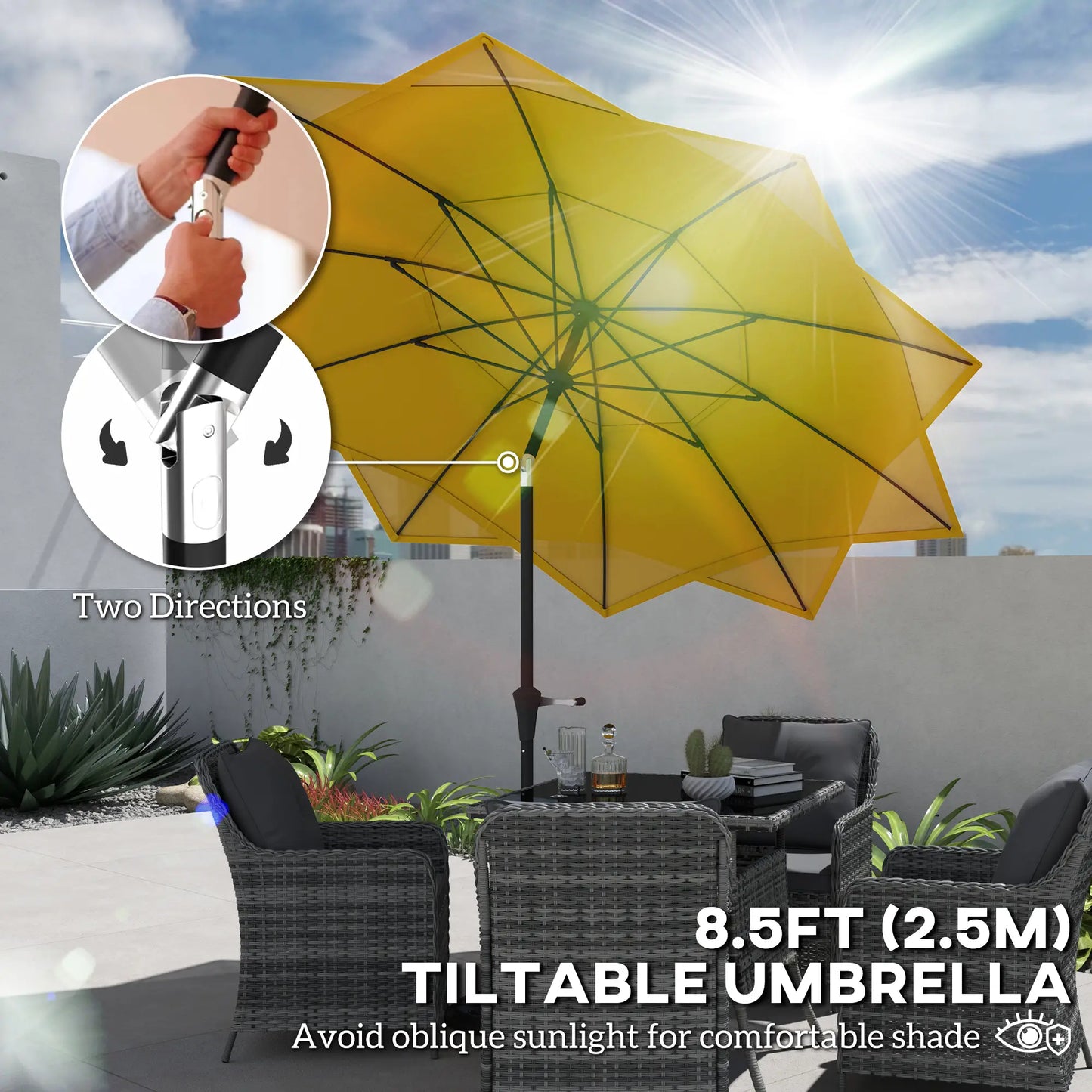 8.5FT Parasol, 10 Ribs, Air Vents, Crank Handle, Tilt, Yellow Sun Umbrellas at Gallery Canada