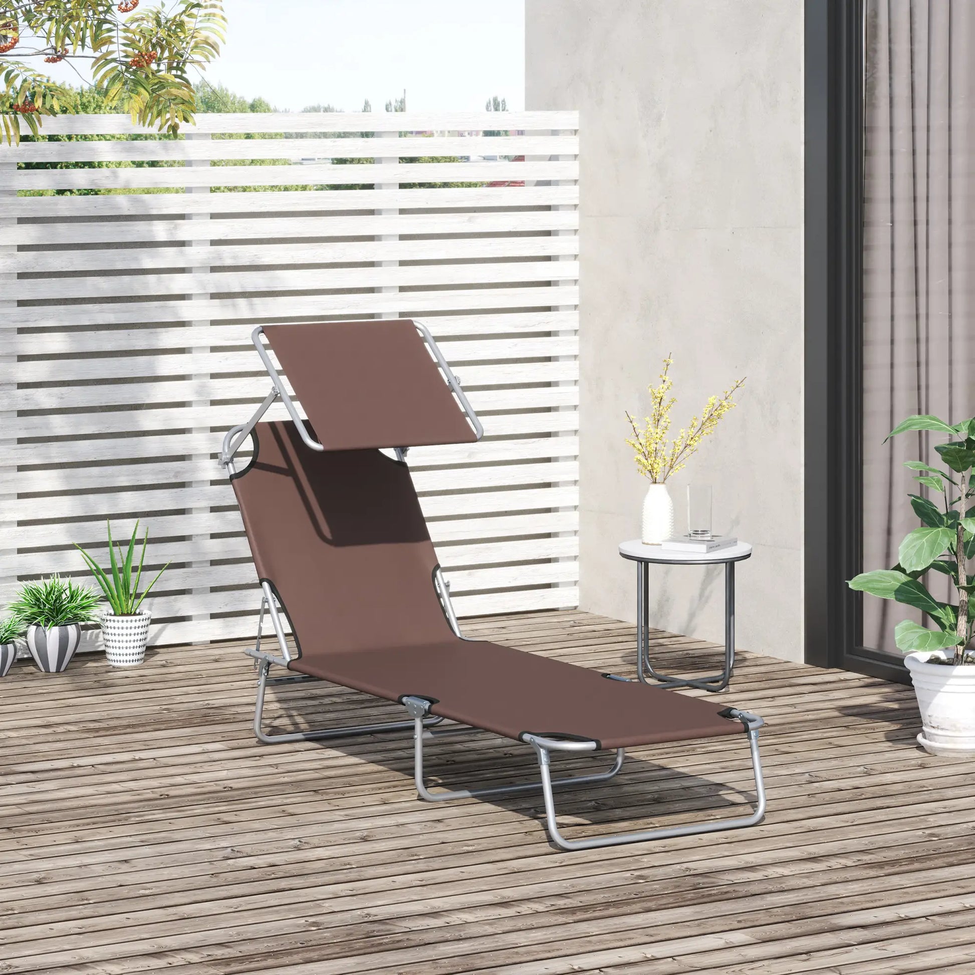 Adjustable Folding Chaise Lounge, Outdoor Tanning Chair with Sun Shade, Brown Lounger Chairs at Gallery Canada