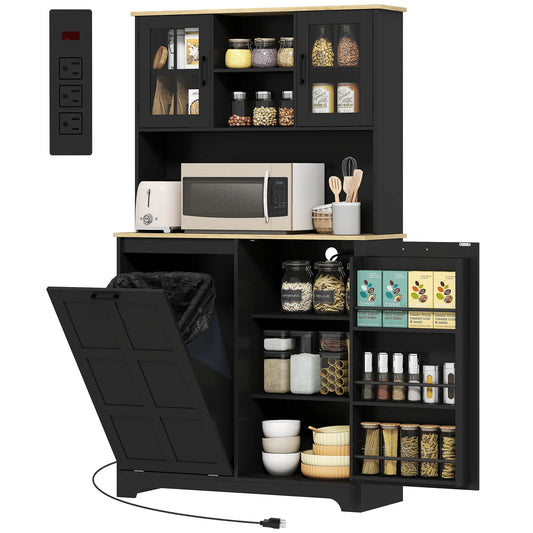 Kitchen Pantry Cabinet, 7 Gallon Trash Can, Adjustable Shelves, Acrylic Doors, Black Kitchen Pantry Cabinets Black, Natural at Gallery Canada