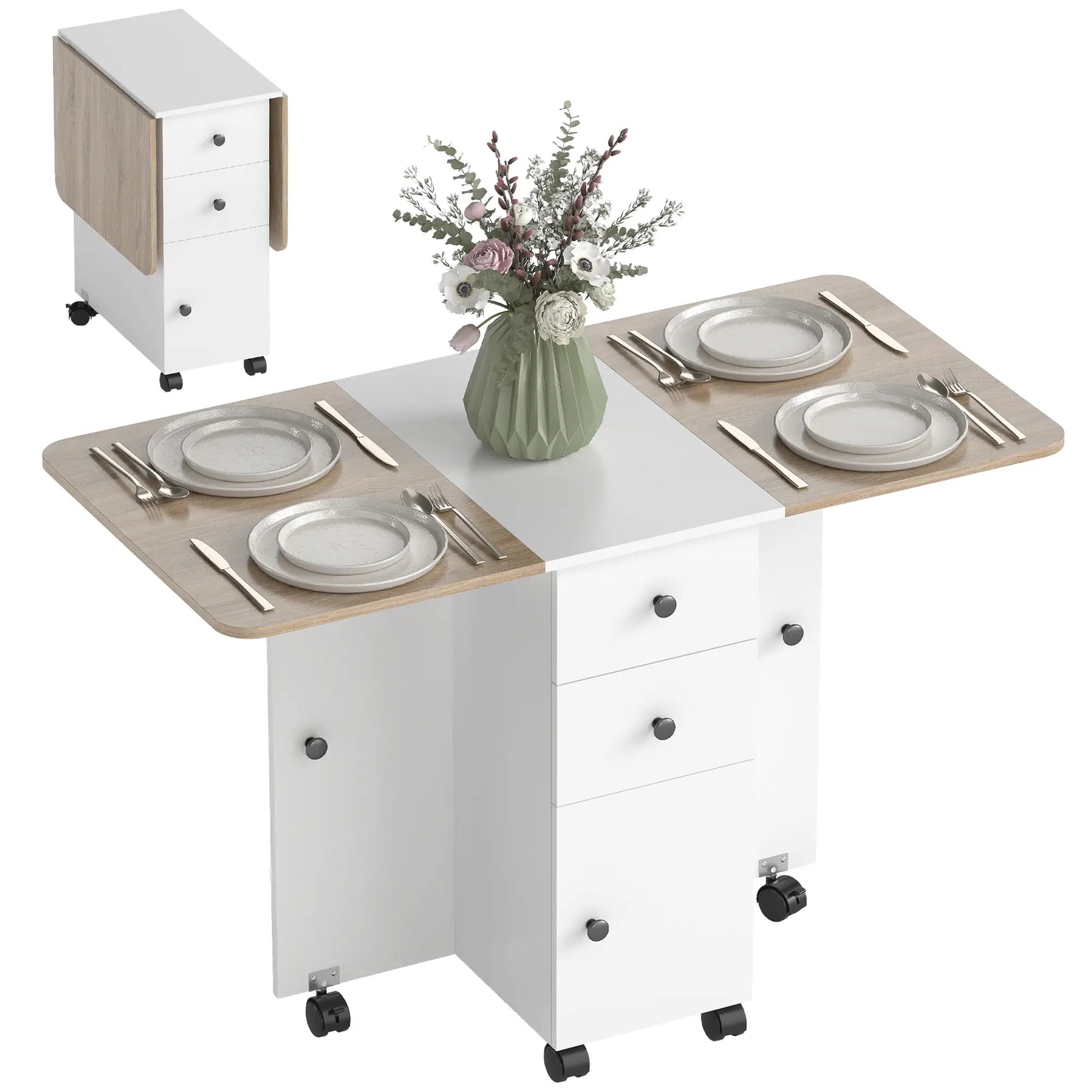 Mobile Drop Leaf Dining Table On Wheels, White And Oak, White Dining Tables at Gallery Canada
