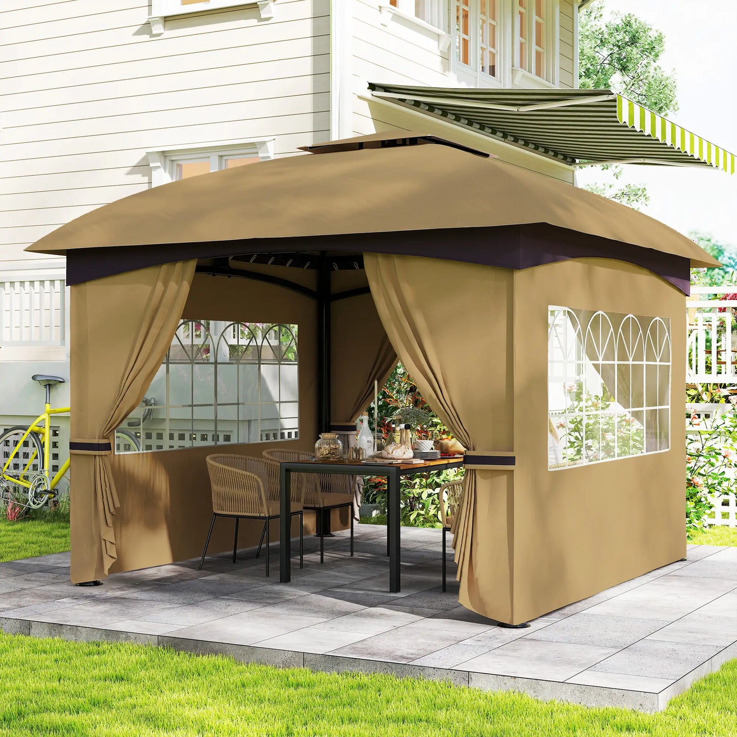 11' x 11' Outdoor Gazebo, Double Roof, Galvanised Steel Frame, Beige Gazebos at Gallery Canada