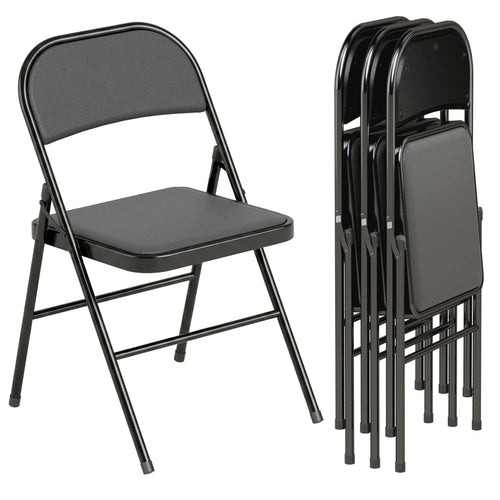 Set of 4 Metal Foldable Chairs, PU Leather Padded, Black
