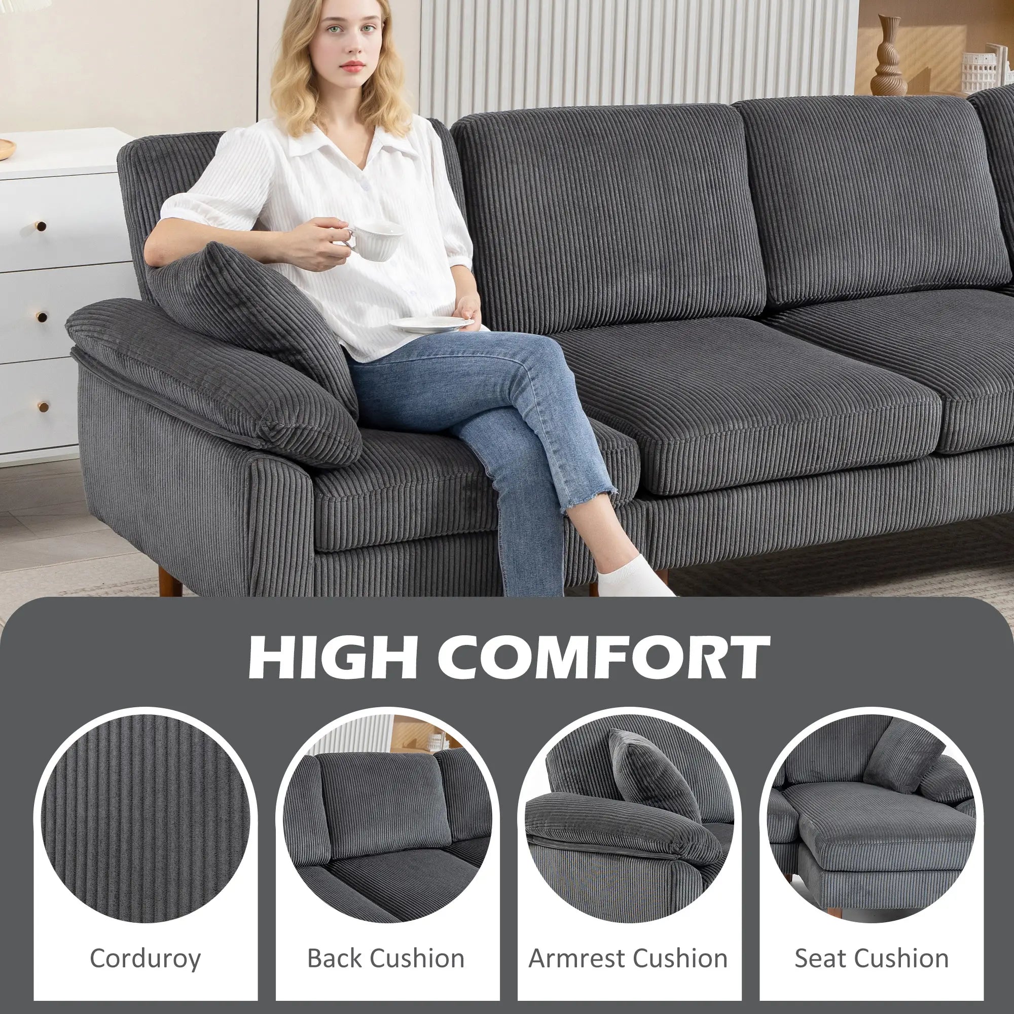 L-Shape Sofa, Modern Sectional Couch with Chaise, Dark Grey 3-Seater Sofas at Gallery Canada