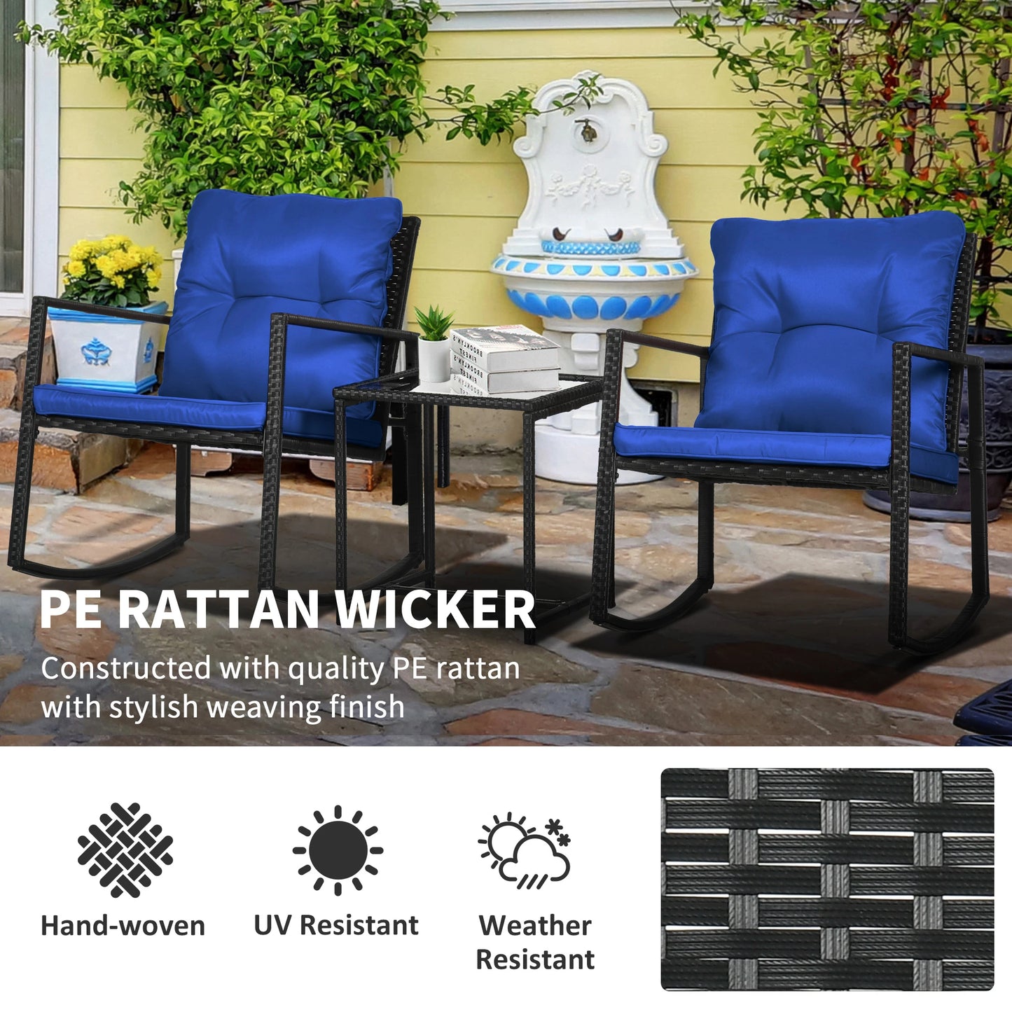 3-Piece Rocking Bistro Set, Outdoor Wicker Patio Furniture, Blue Outdoor Rocking Chairs at Gallery Canada