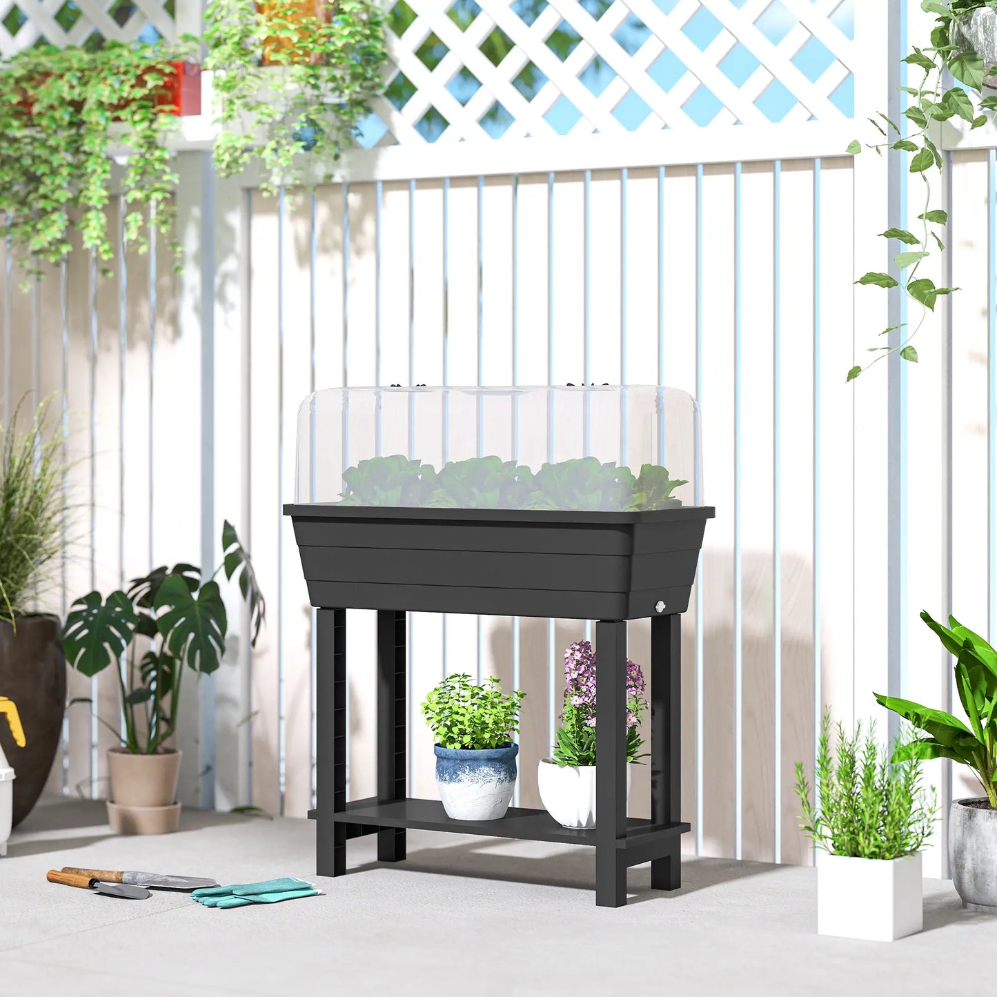 41L Self Watering Raised Garden Bed, Transparent Lid, Storage Shelf, Black