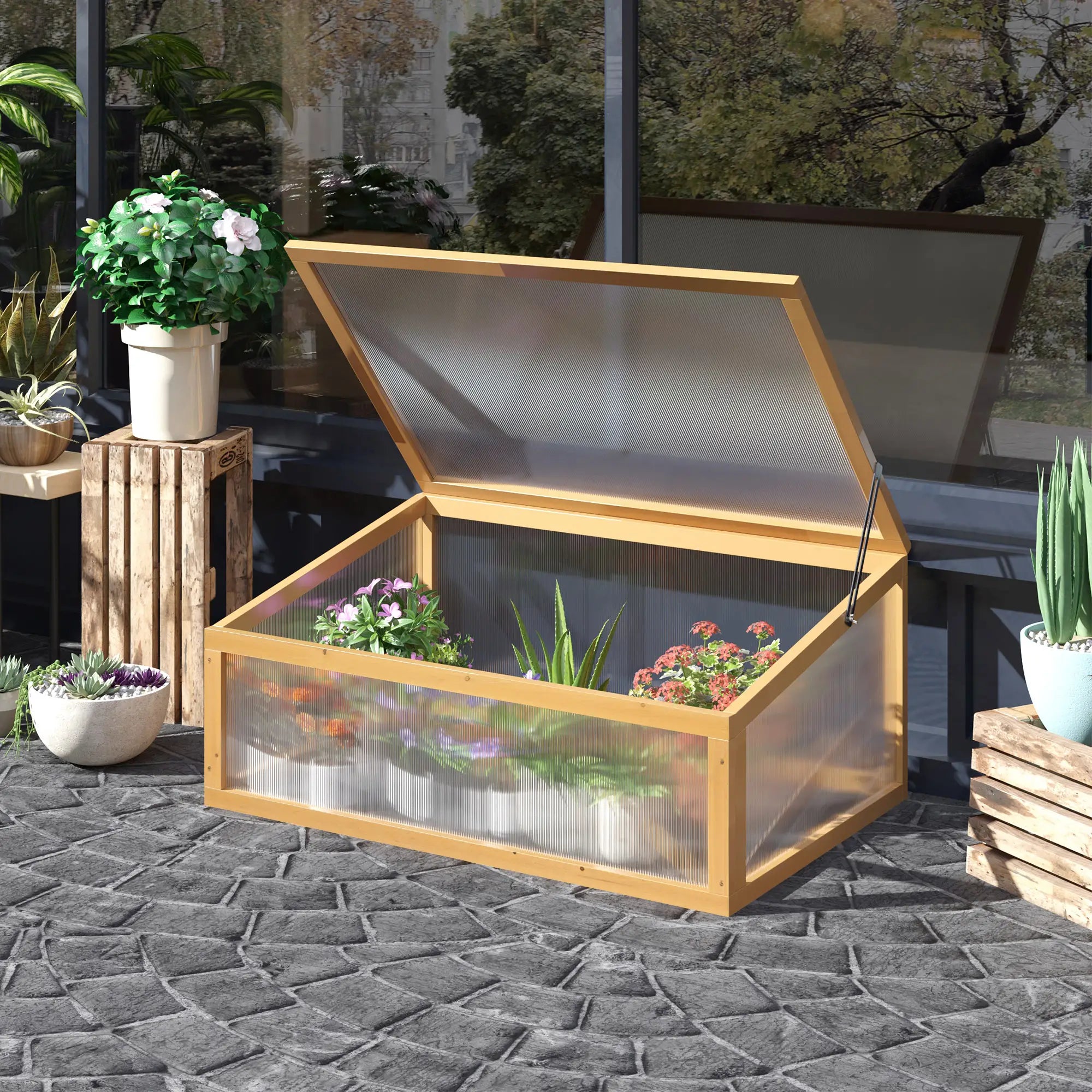 Portable Wooden Cold Frame Greenhouse, Openable Top, 35.5