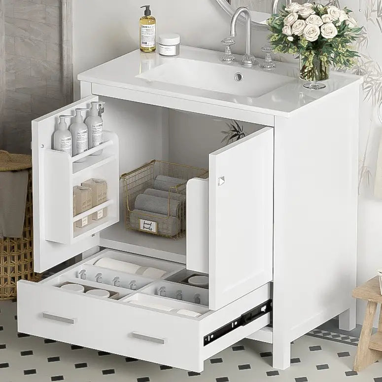 Single Sink Bathroom Vanity, Solid Wood, Soft-Close Doors, 30