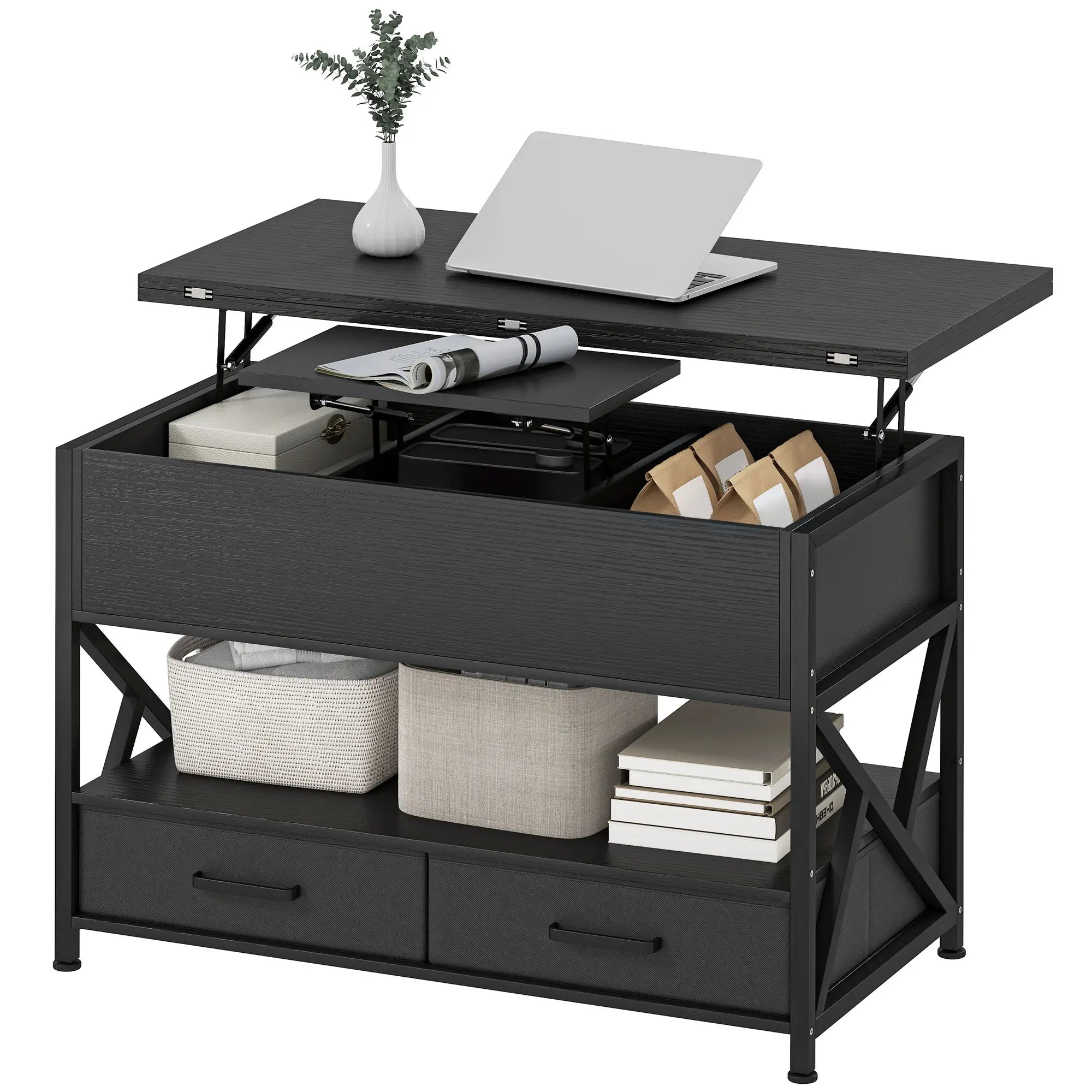Modern Lift Top Coffee Table, Fabric Drawers, Hidden Storage, Distressed Black Coffee Tables Distressed Black at Gallery Canada