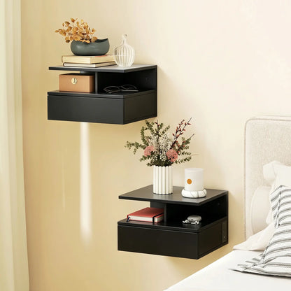 Floating Nightstand Set of 2, Wall Mounted Bedside Table with with Power Outlets, Drawer and Shelf, Black