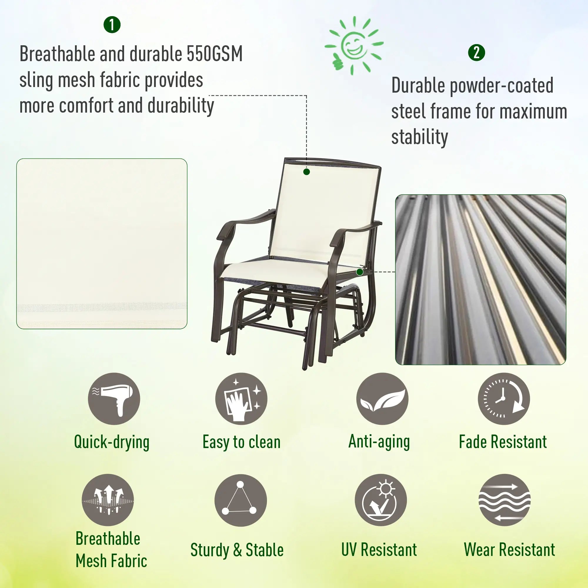 3 Piece Patio Glider Set, Breathable Mesh Seat, Glass Top Table, Cream White Outdoor Gliders at Gallery Canada