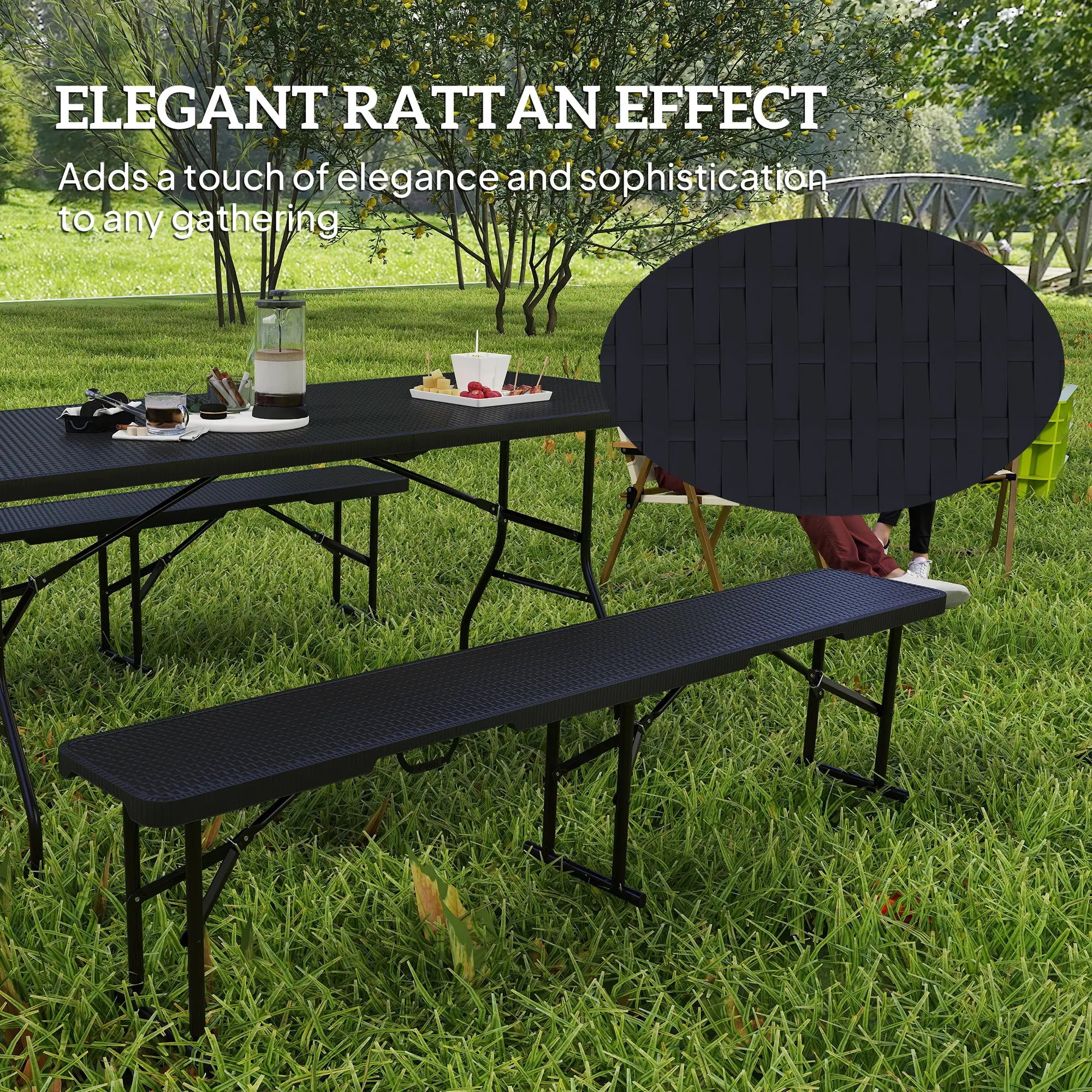 6FT 3PCS Faux Rattan Outdoor Table Bench Set, Folding Picnic Table with 2 Benches, Black Picnic Tables & Camping Chairs at Gallery Canada