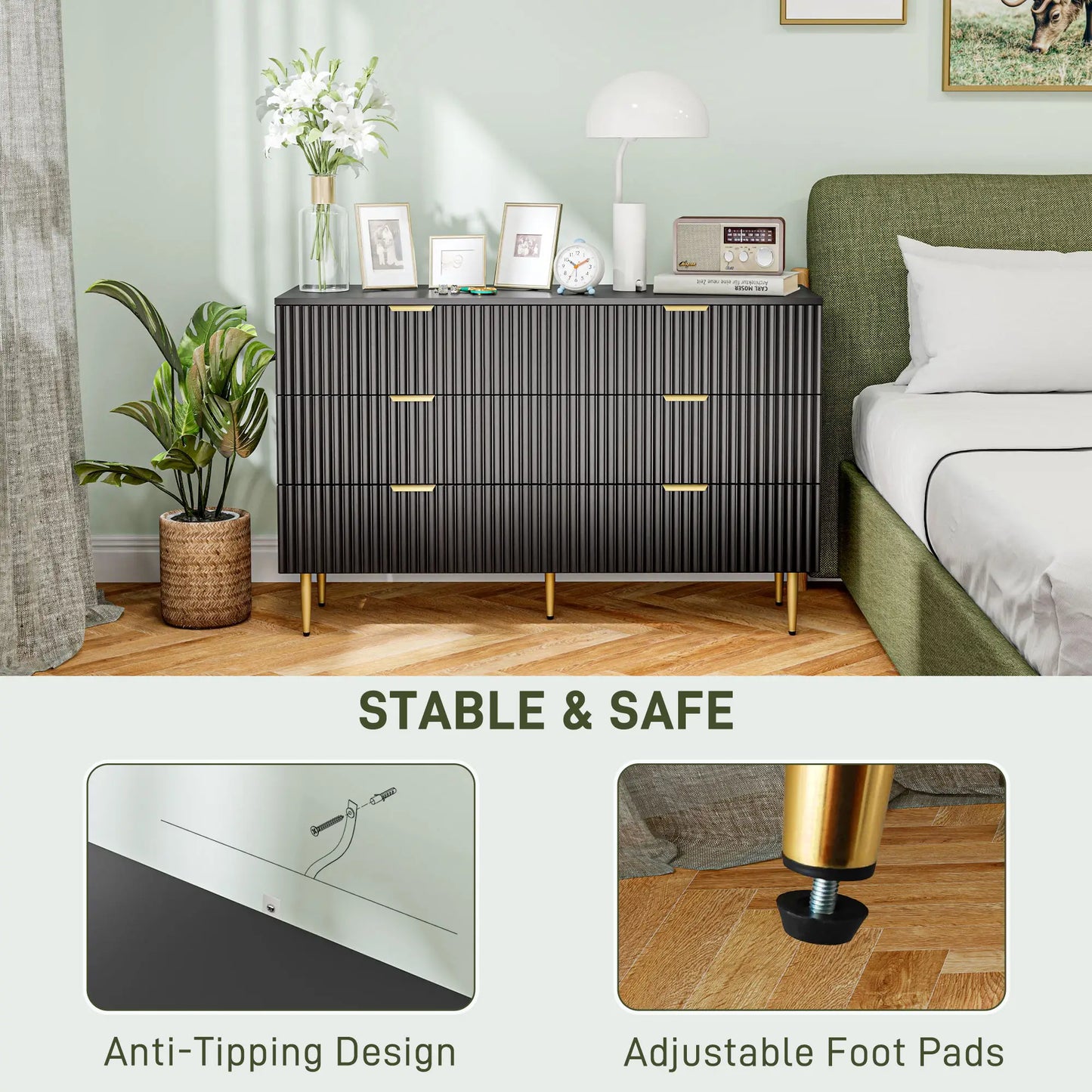 Modern 6 Drawer Dresser, with Gold Legs, Bedroom Chest, Black Storage Cabinets at Gallery Canada