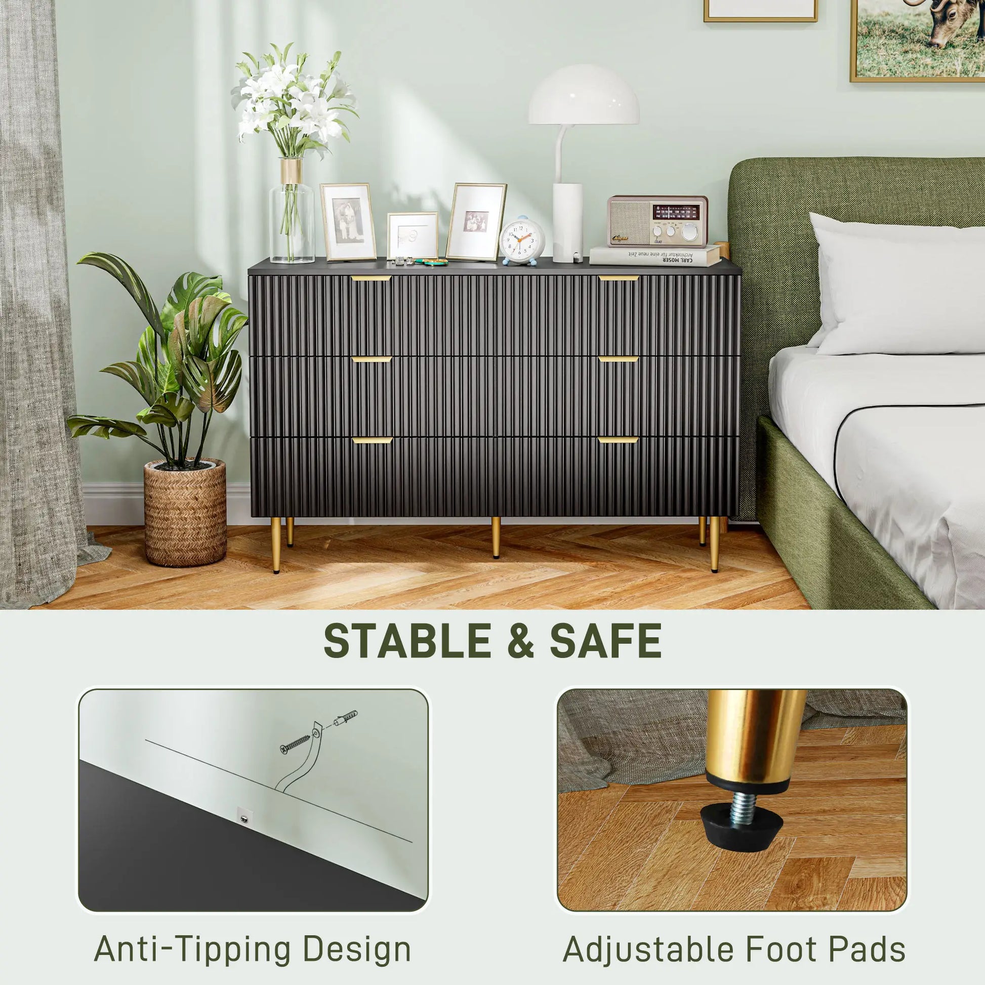 Modern 6 Drawer Dresser, with Gold Legs, Bedroom Chest, Black Storage Cabinets at Gallery Canada