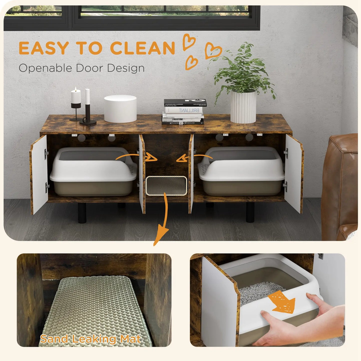 Hidden Cat Litter Box Enclosure, 2 Cabinets, Double Doors, Sand Drain Pad, Rustic Brown Cat Litter Box Enclosures at Gallery Canada