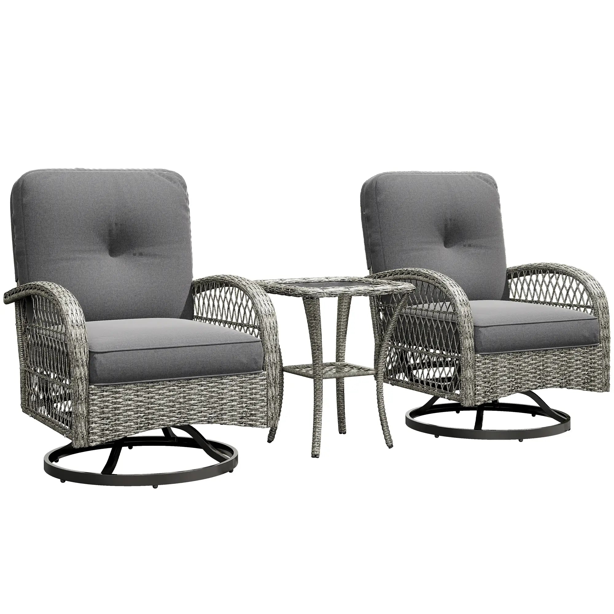 Wicker Balcony Furniture, 3 Piece Patio Set, 2 Swivel Rocking Chairs, 2-Tier Glass Coffee Table, Grey Bistro Sets at Gallery Canada