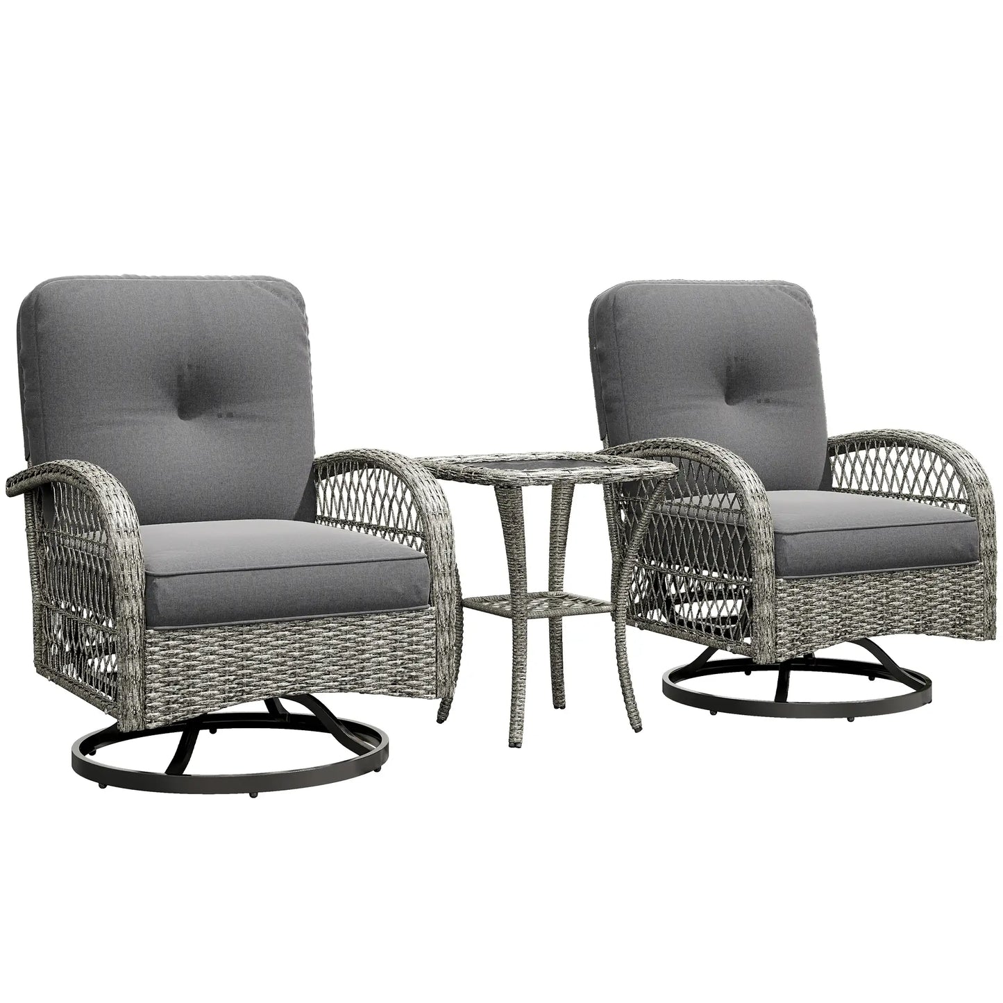 Wicker Balcony Furniture, 3 Piece Patio Set, 2 Swivel Rocking Chairs, 2-Tier Glass Coffee Table, Grey Bistro Sets at Gallery Canada