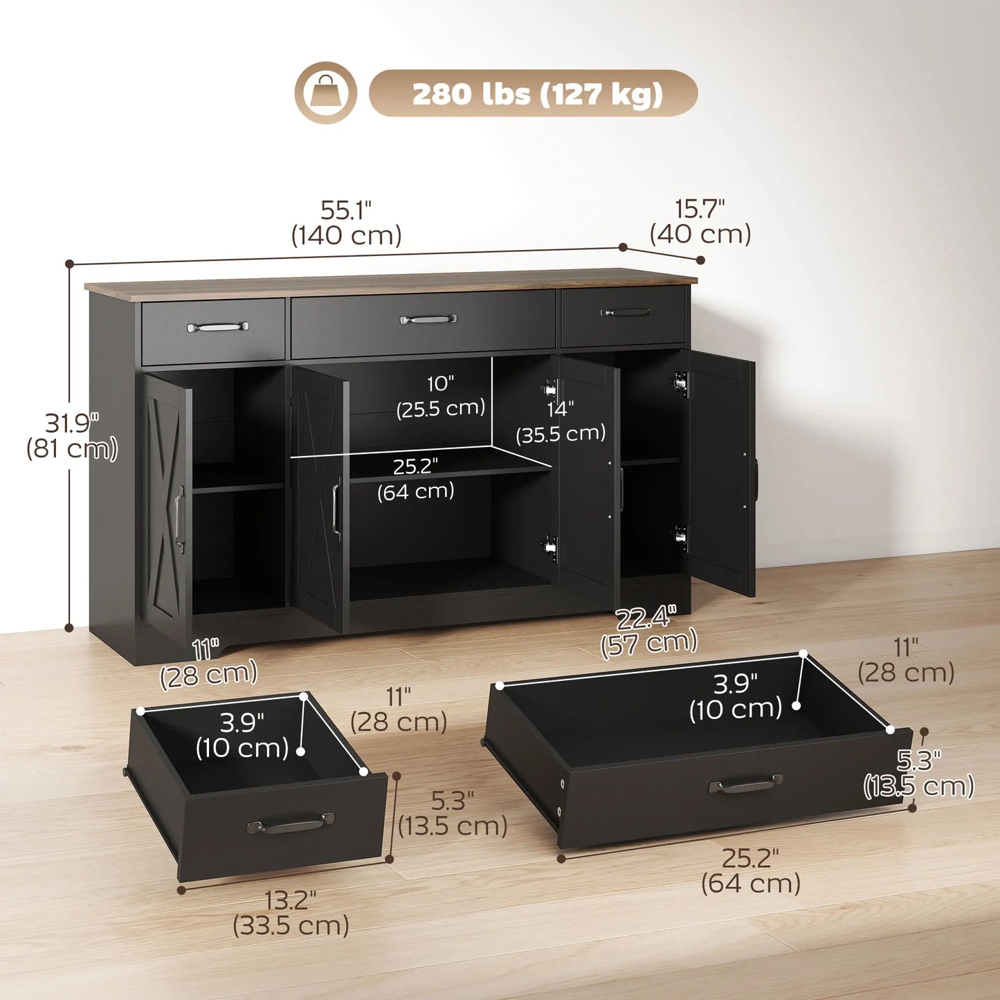 55" Sideboard Buffet Cabinet, Farmhouse Kitchen, 4 Barn Doors, 3 Drawers, Black Bar Cabinets at Gallery Canada