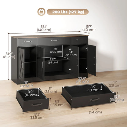 55" Sideboard Buffet Cabinet, Farmhouse Kitchen, 4 Barn Doors, 3 Drawers, Black Bar Cabinets at Gallery Canada