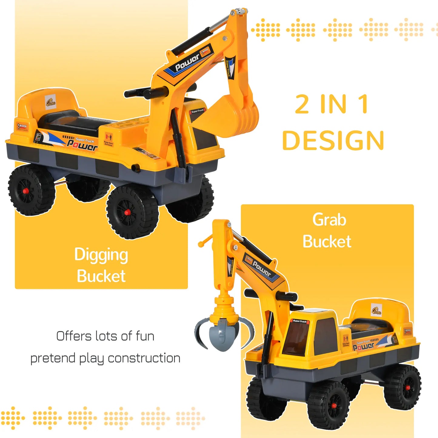 Ride On Excavator Toy, 2 in 1 Design, Detachable Buckets, Music, Light, Yellow Toy Excavators at Gallery Canada