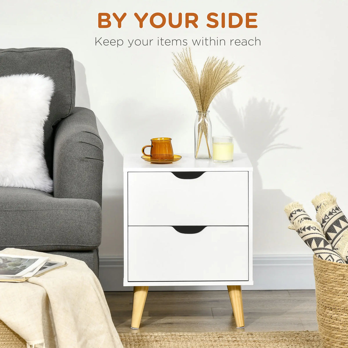 Modern Bedside Table, Nightstand with 2 Drawers, Pine Wood Legs, White Bedside Tables at Gallery Canada