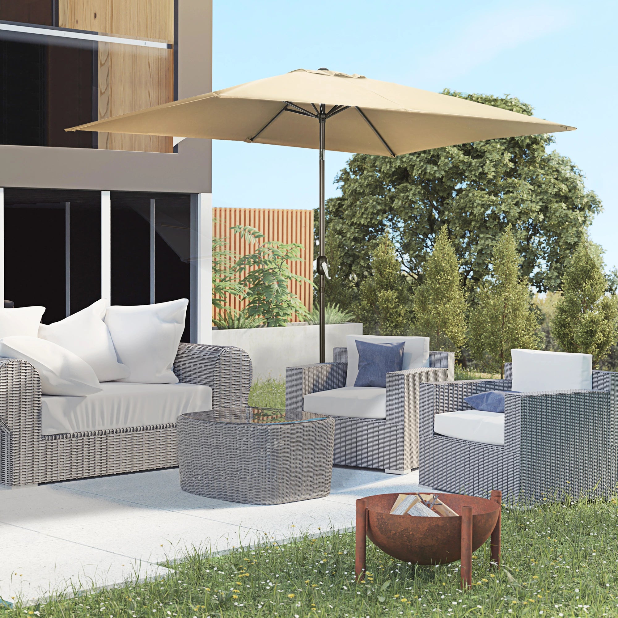 6.5x10ft Rectangle Patio Umbrella, Aluminum Frame, Crank Handle, Tan Sun Umbrellas at Gallery Canada