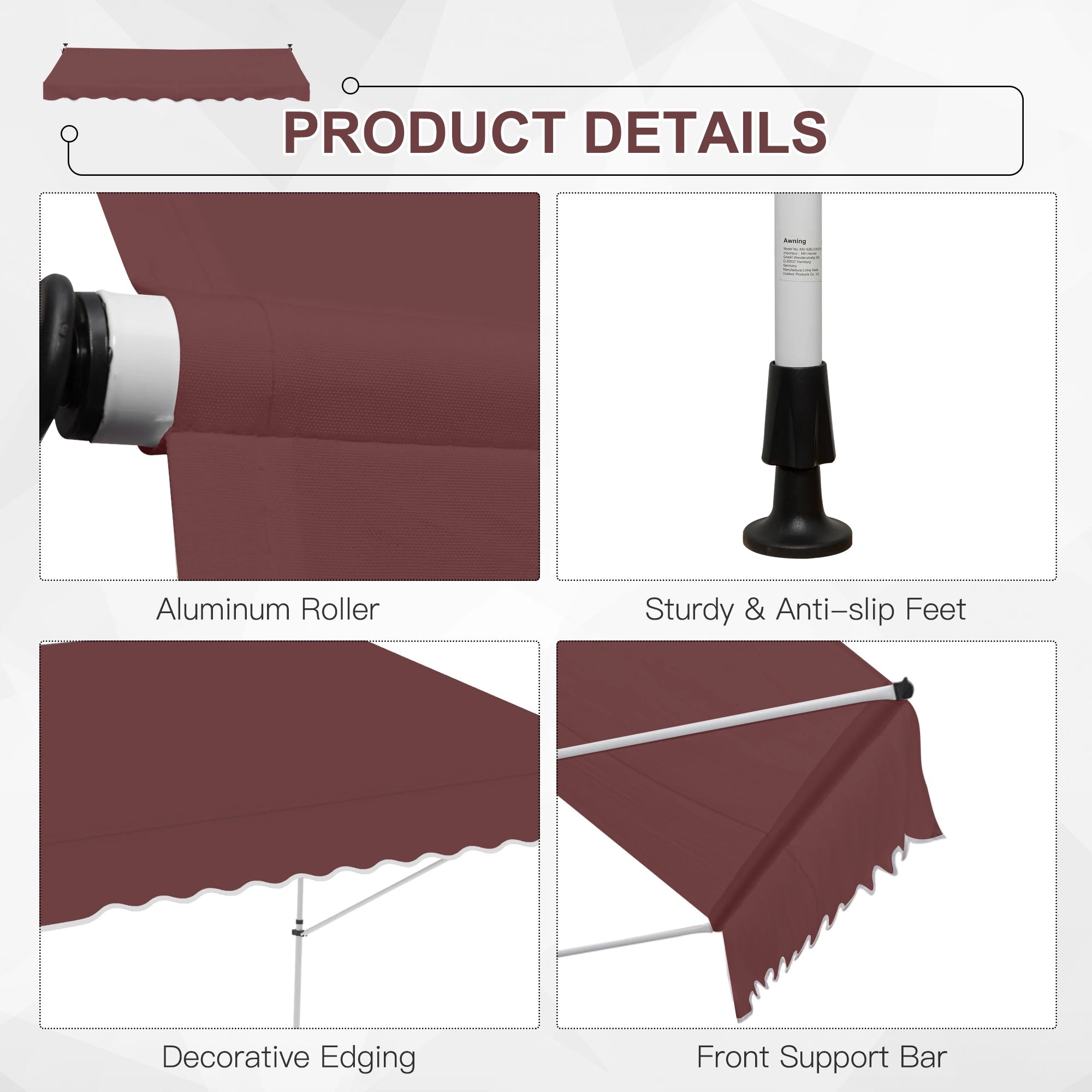 10x5ft Retractable Sun Shade Canopy, 5.6-9.2ft Pole, Wine Red Patio Awnings at Gallery Canada