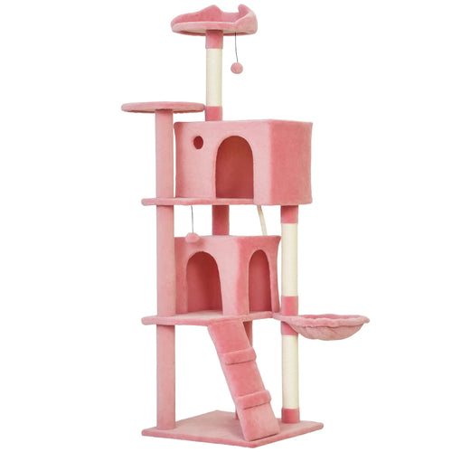 63 Inch Cat Tree with Sisal Posts, Condos, Perches, Hammock, Pink