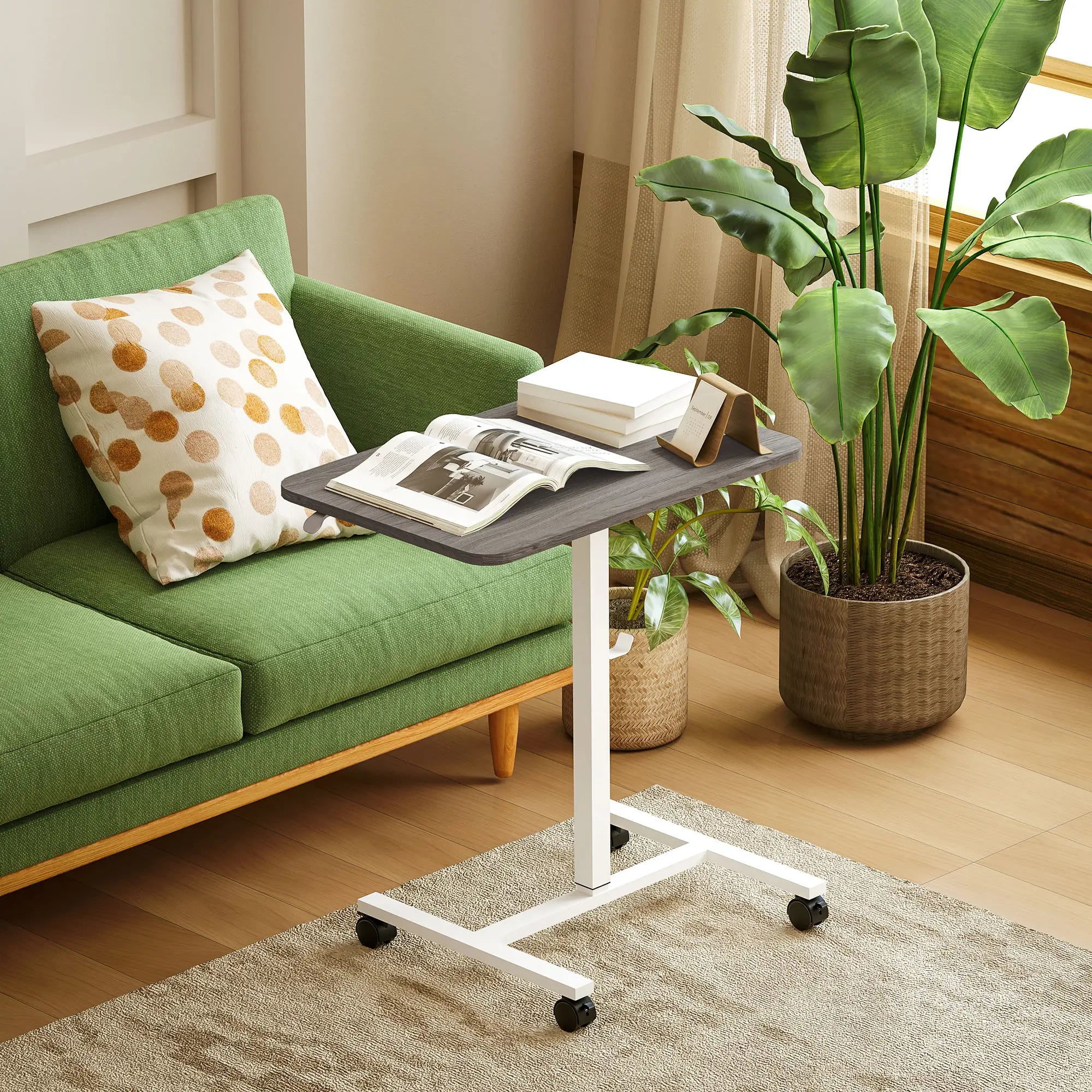 Height Adjustable Standing Desk, Pneumatic Sit Stand Desk with Wheels and Headphone Hook, Grey Office Desks & Work Stations at Gallery Canada