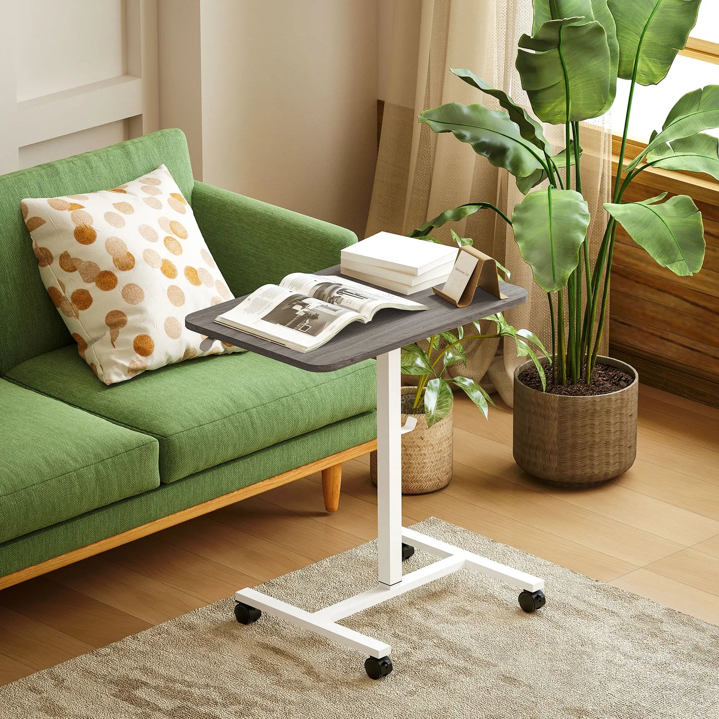 Height Adjustable Standing Desk, Pneumatic Sit Stand Desk with Wheels and Headphone Hook, Grey Office Desks & Work Stations at Gallery Canada