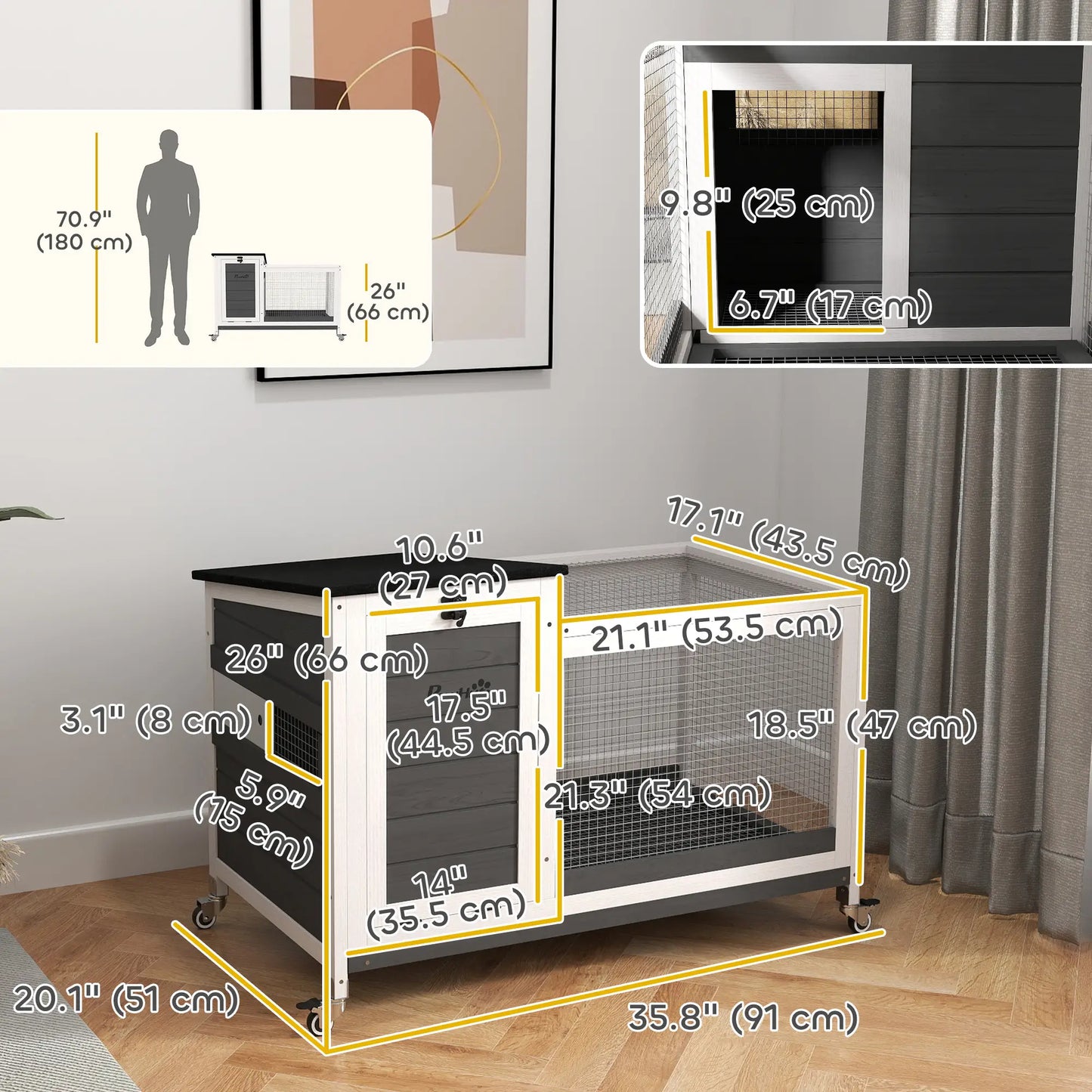 Wooden Rabbit Hutch, Pull-Out Tray, Openable Roof, Small Animal Cage on Wheels, Grey Rabbit Hutch at Gallery Canada