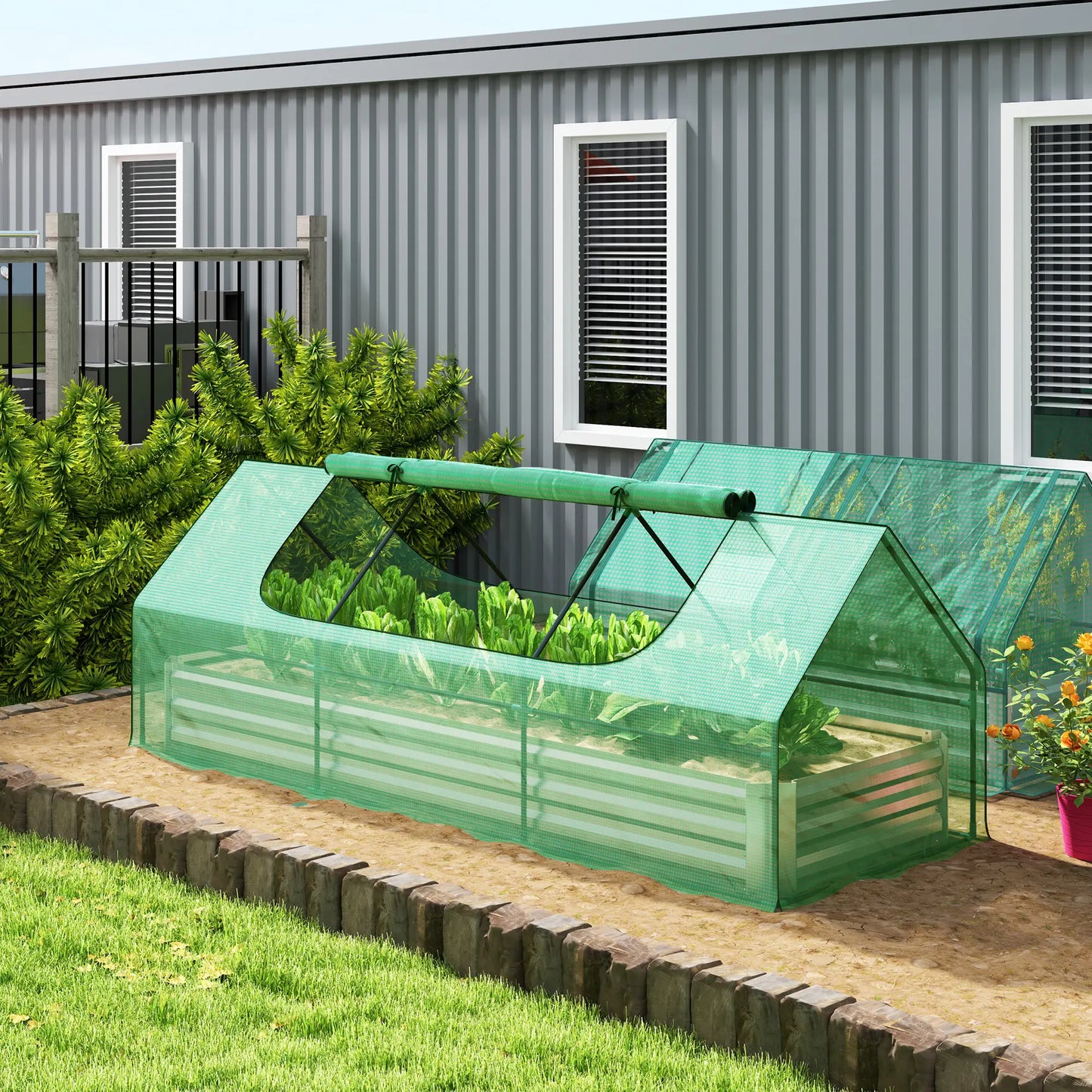 8.6 x 3 x 1ft Raised Garden Bed, Mini Greenhouse, Galvanized Cover, Green Galvanized Planter Boxes at Gallery Canada