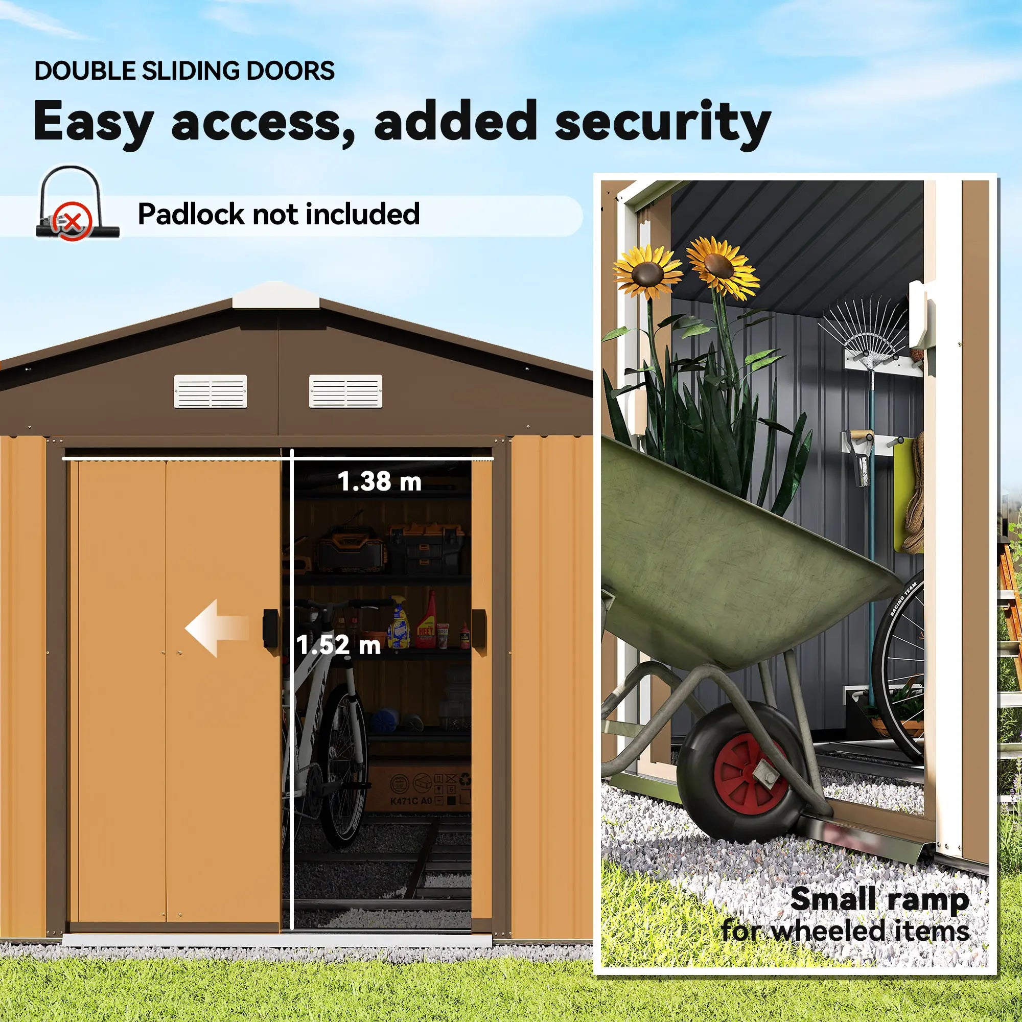 11' x 13' Garden Storage Shed, Metal Tool House, Double Doors, Yellow Sheds at Gallery Canada